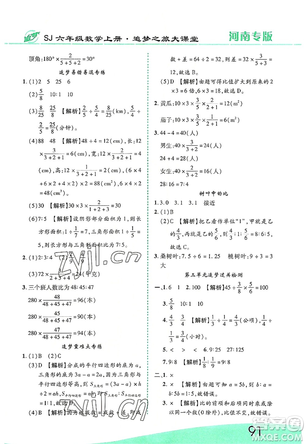 天津科學(xué)技術(shù)出版社2022追夢之旅大課堂六年級(jí)數(shù)學(xué)上冊(cè)SJ蘇教版河南專版答案