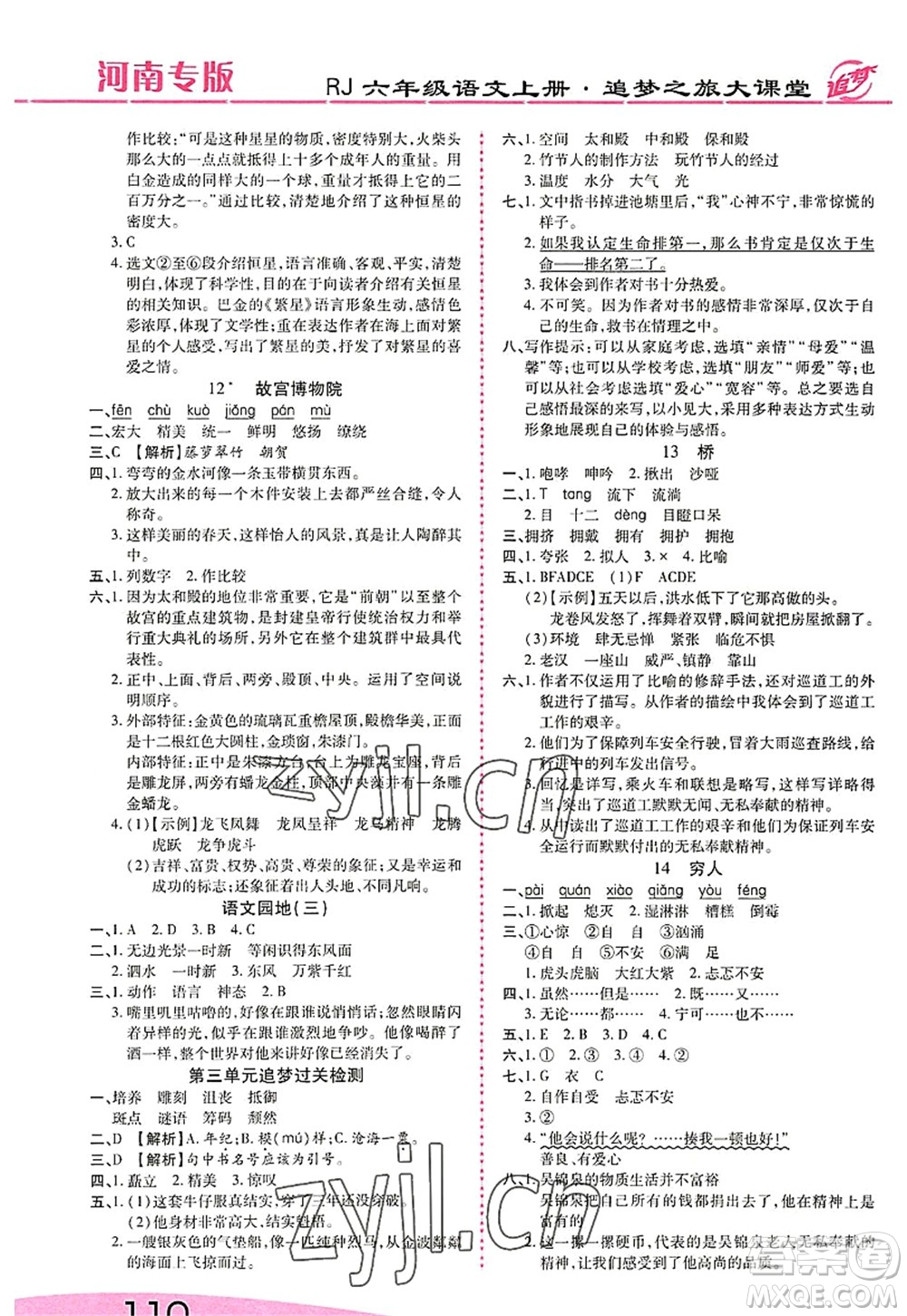 天津科學技術出版社2022追夢之旅大課堂六年級語文上冊RJ人教版河南專版答案