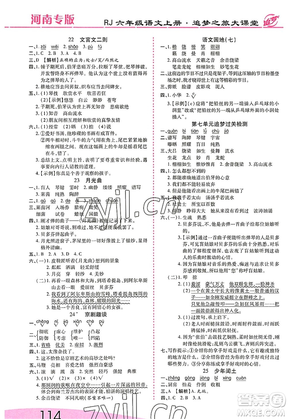 天津科學技術出版社2022追夢之旅大課堂六年級語文上冊RJ人教版河南專版答案