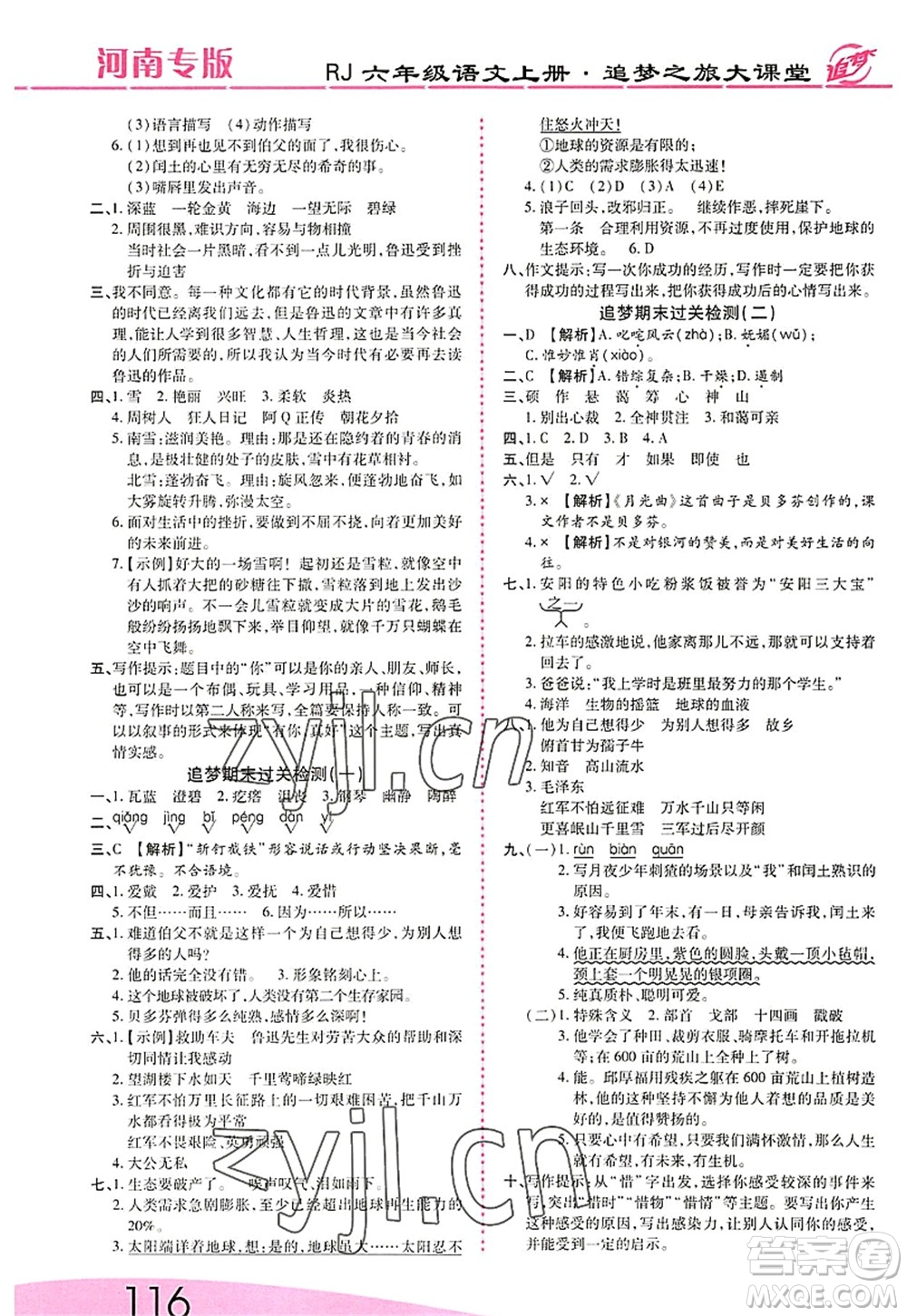 天津科學技術出版社2022追夢之旅大課堂六年級語文上冊RJ人教版河南專版答案