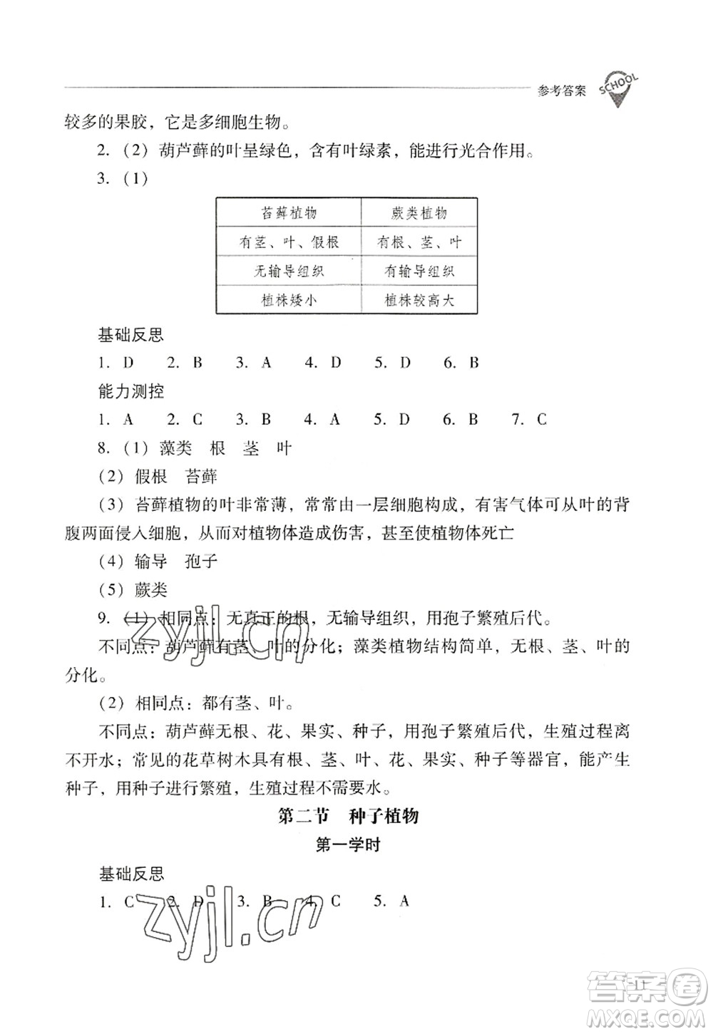 山西教育出版社2022新課程問(wèn)題解決導(dǎo)學(xué)方案七年級(jí)生物上冊(cè)人教版答案