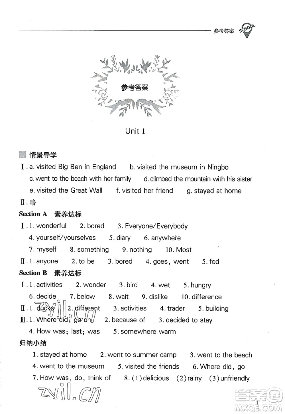 山西教育出版社2022新課程問題解決導(dǎo)學(xué)方案八年級(jí)英語上冊人教版答案