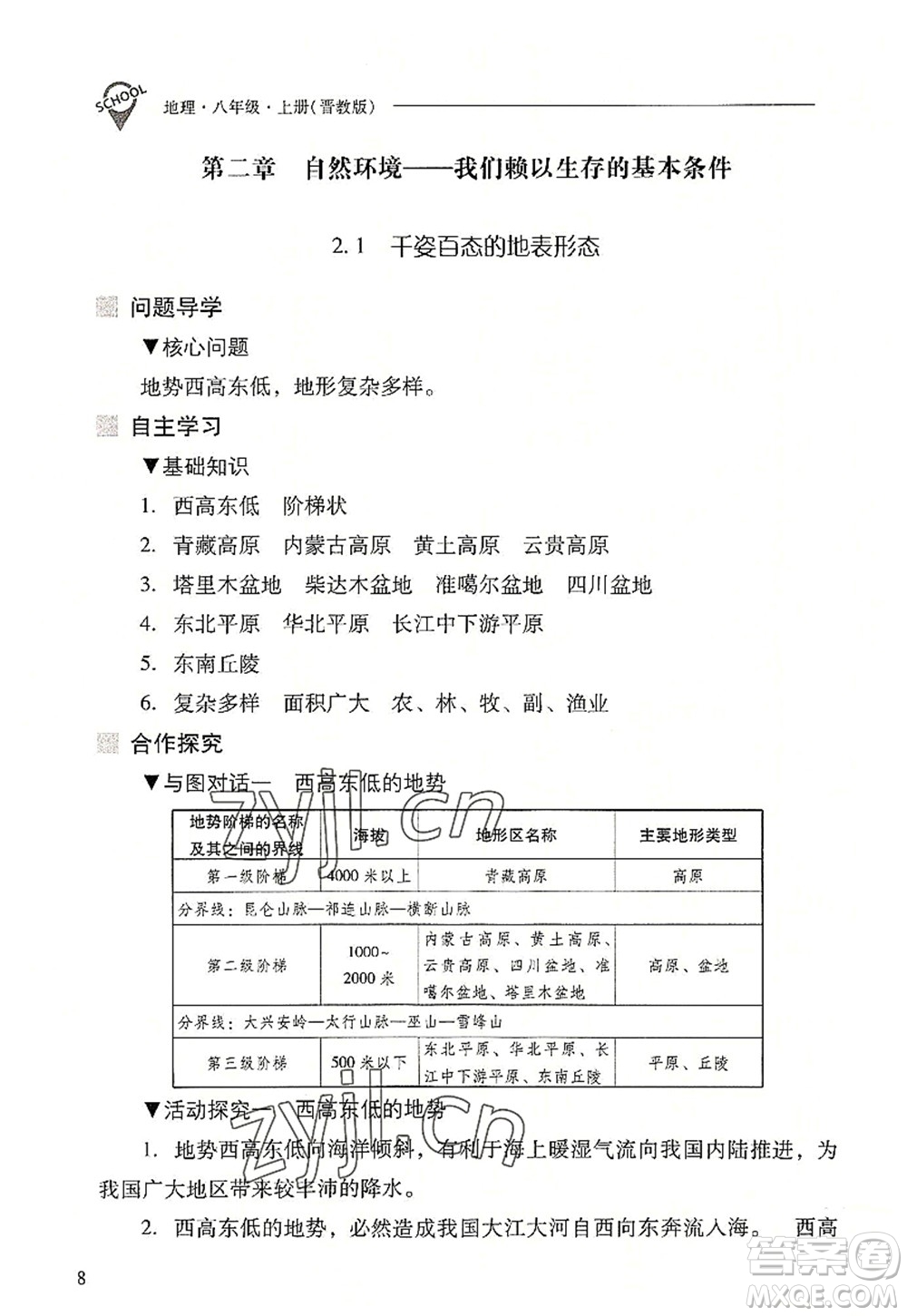 山西教育出版社2022新課程問(wèn)題解決導(dǎo)學(xué)方案八年級(jí)地理上冊(cè)晉教版答案