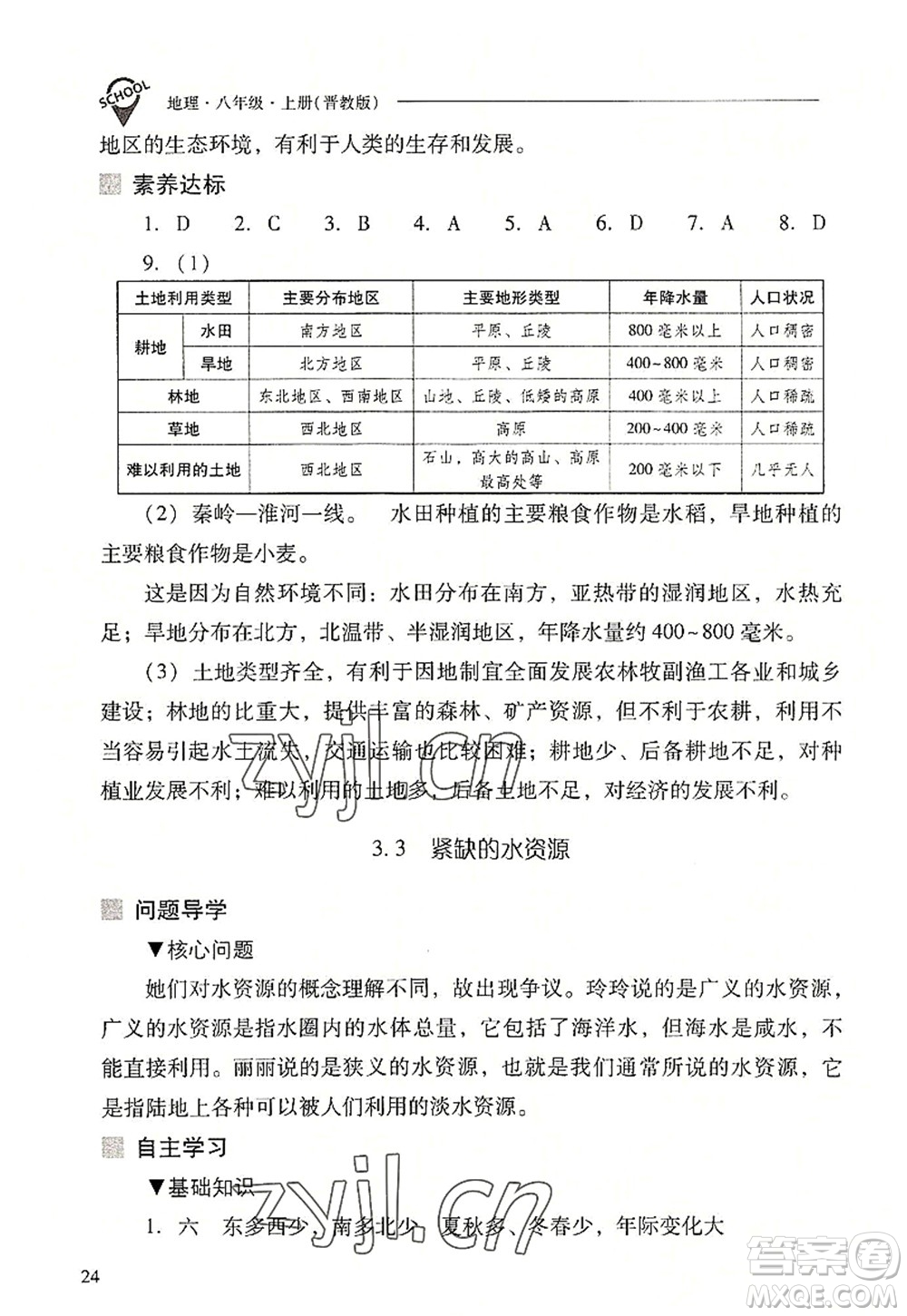 山西教育出版社2022新課程問(wèn)題解決導(dǎo)學(xué)方案八年級(jí)地理上冊(cè)晉教版答案