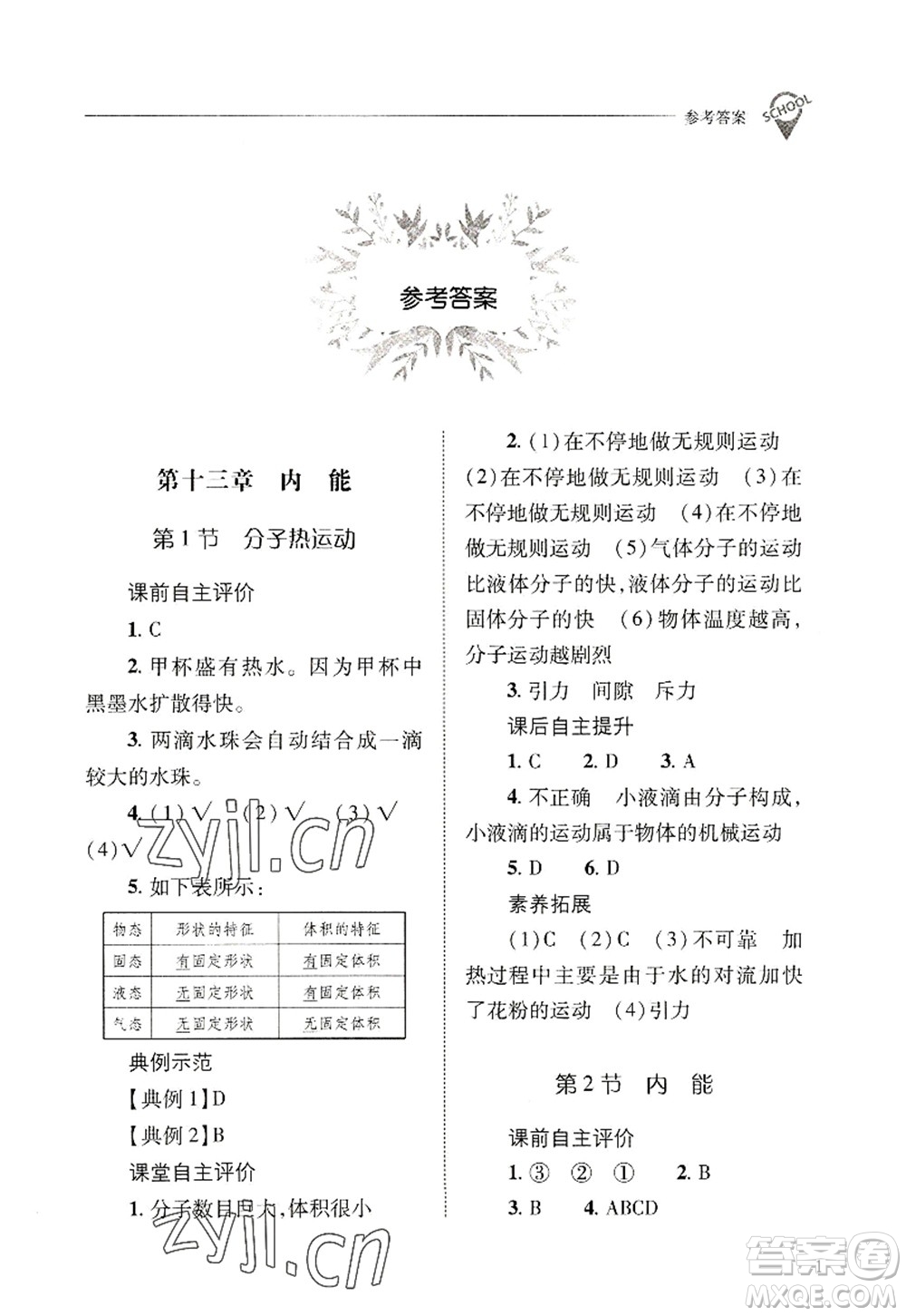 山西教育出版社2022新課程問(wèn)題解決導(dǎo)學(xué)方案九年級(jí)物理全一冊(cè)人教版答案