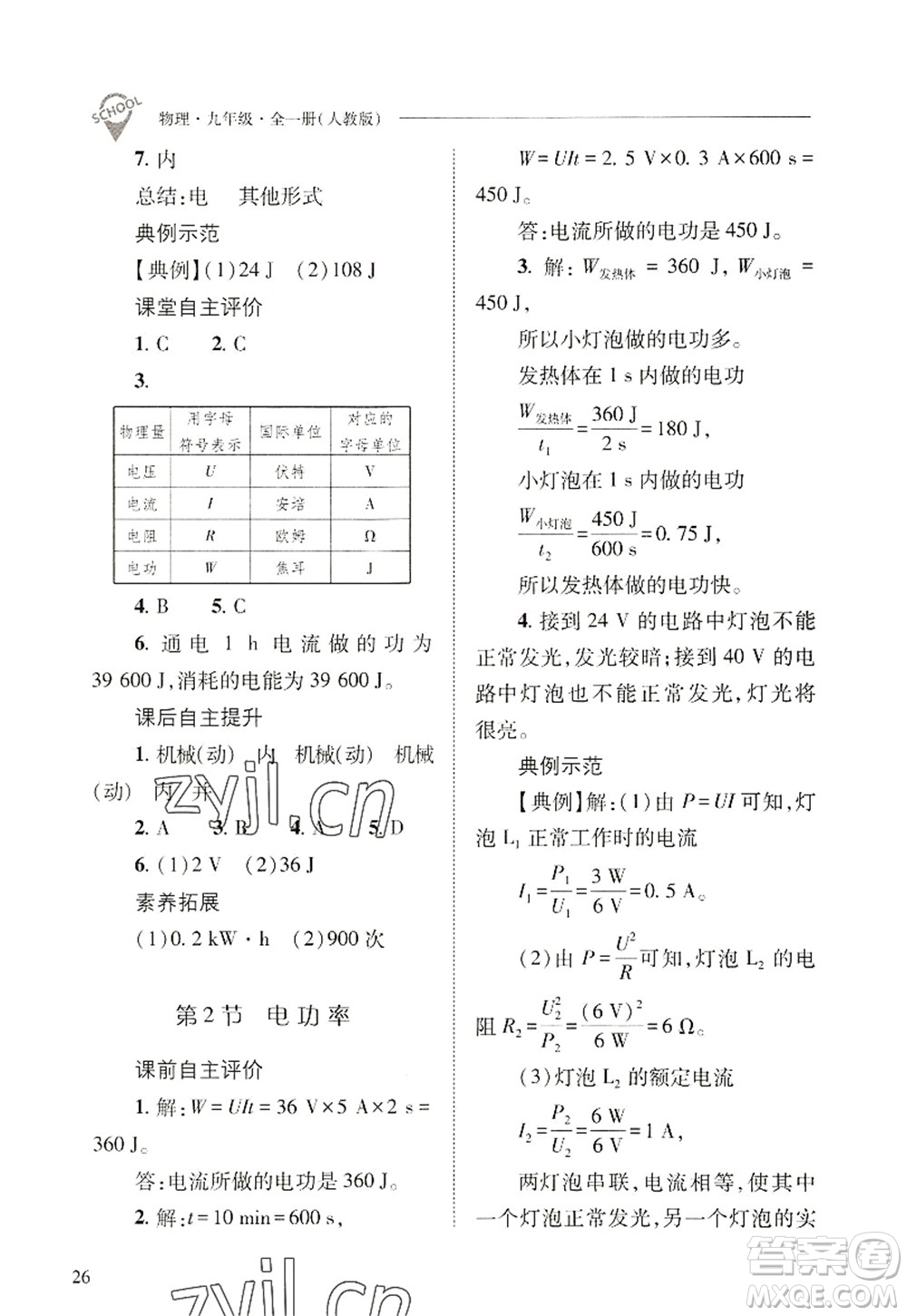 山西教育出版社2022新課程問(wèn)題解決導(dǎo)學(xué)方案九年級(jí)物理全一冊(cè)人教版答案