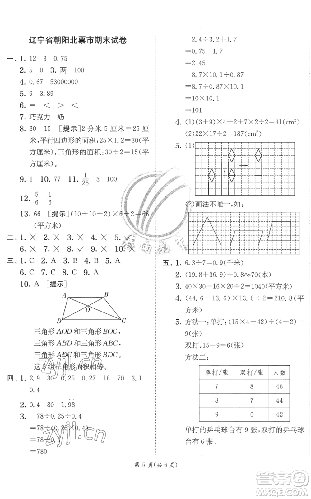 江蘇人民出版社2022秋季實(shí)驗(yàn)班提優(yōu)訓(xùn)練五年級上冊數(shù)學(xué)北師大版參考答案