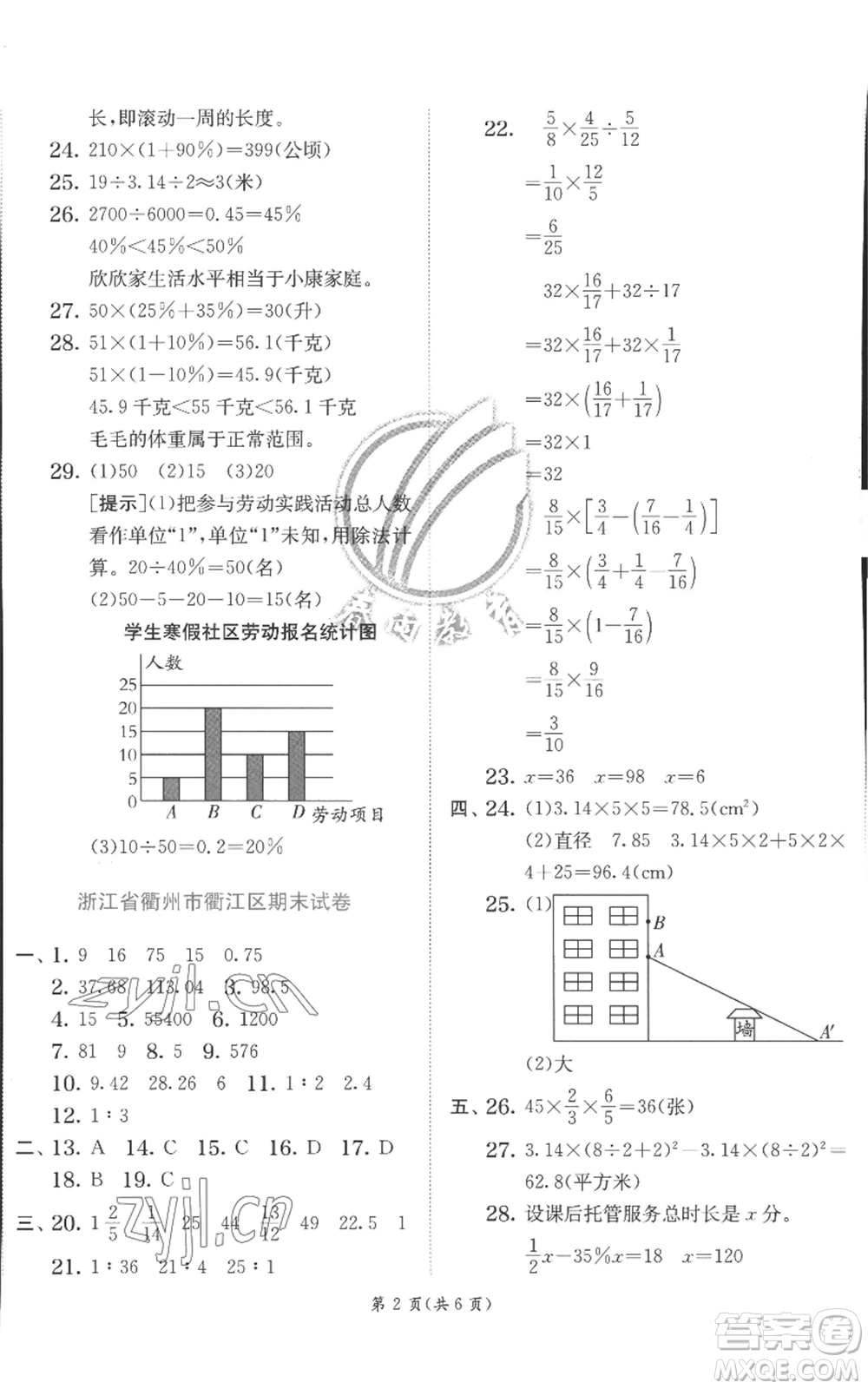 江蘇人民出版社2022秋季實(shí)驗(yàn)班提優(yōu)訓(xùn)練六年級(jí)上冊(cè)數(shù)學(xué)北師大版參考答案