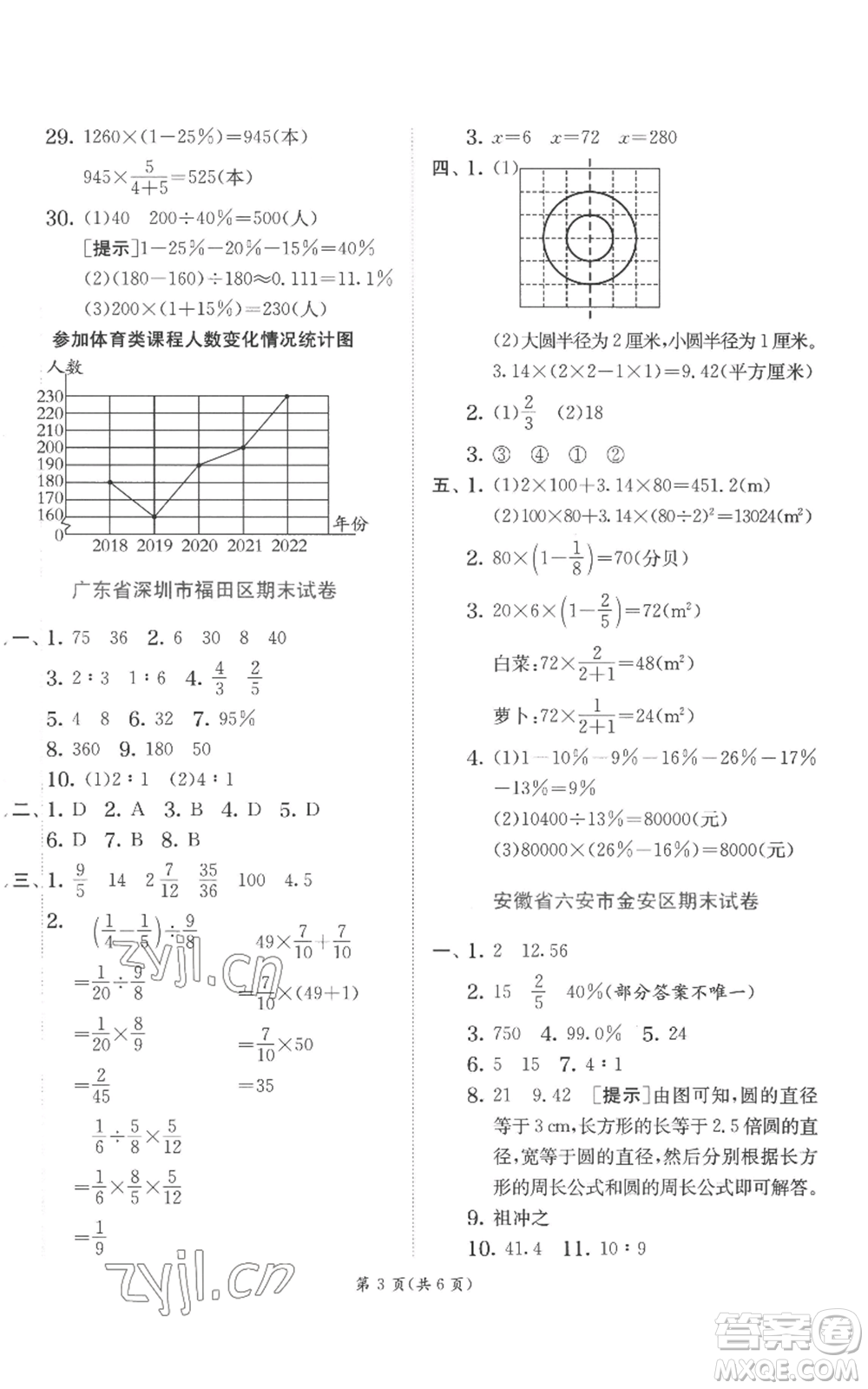 江蘇人民出版社2022秋季實(shí)驗(yàn)班提優(yōu)訓(xùn)練六年級(jí)上冊(cè)數(shù)學(xué)北師大版參考答案