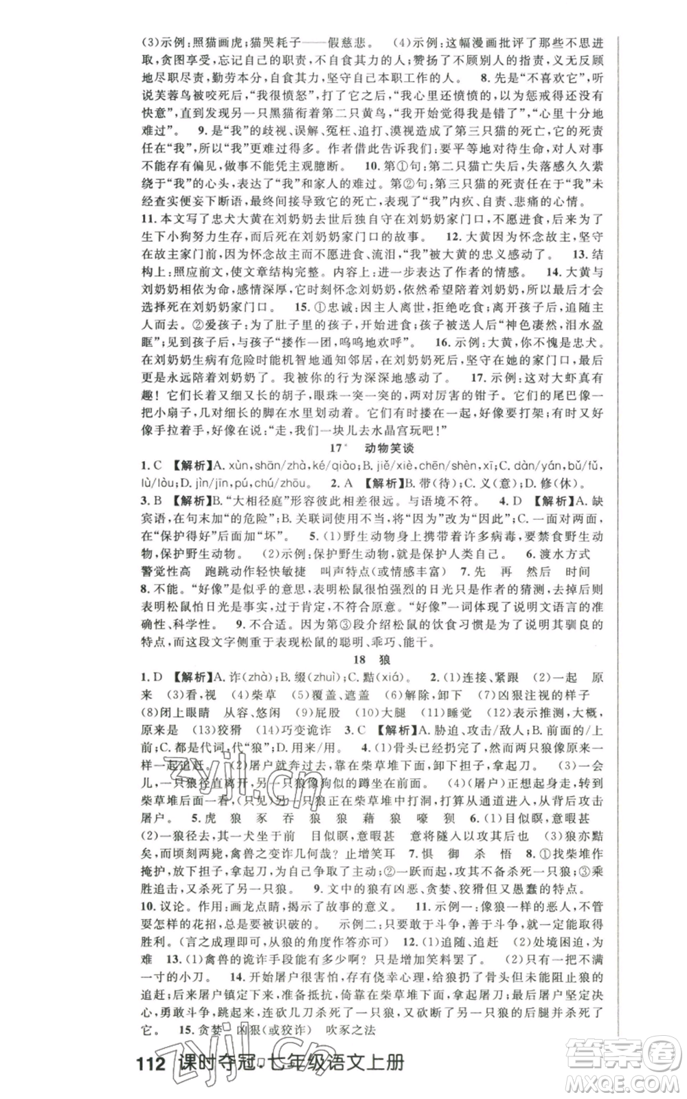 新世紀(jì)出版社2022秋季課時奪冠七年級上冊語文人教版河南專版參考答案