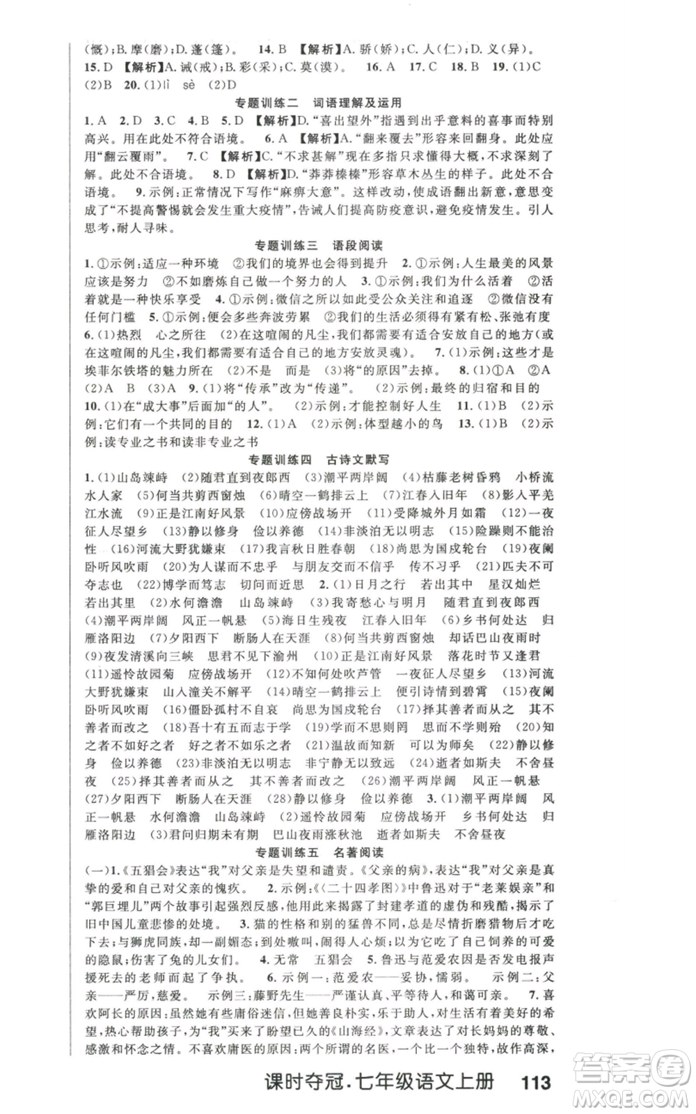 新世紀(jì)出版社2022秋季課時奪冠七年級上冊語文人教版河南專版參考答案