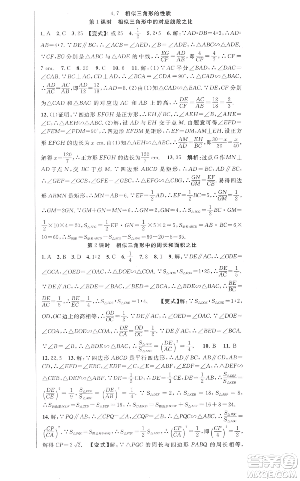 安徽科學技術(shù)出版社2022秋季課時奪冠九年級上冊數(shù)學北師大版參考答案