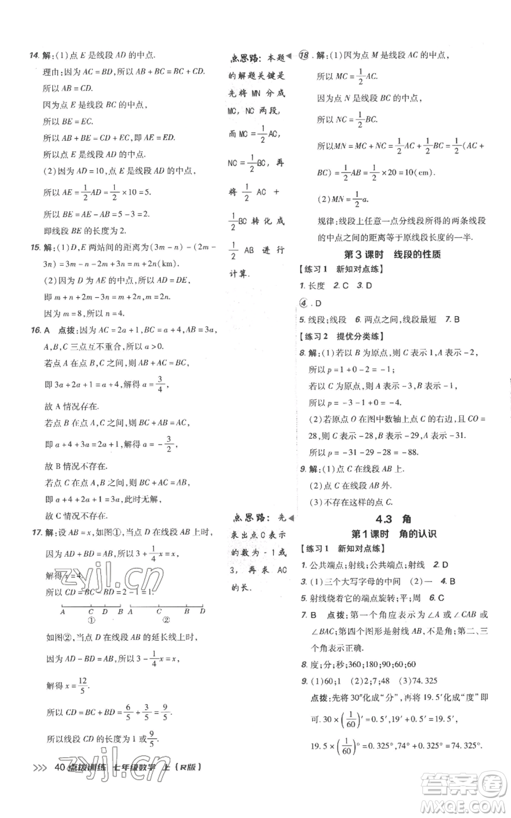 吉林教育出版社2022秋季點(diǎn)撥訓(xùn)練七年級上冊數(shù)學(xué)人教版參考答案