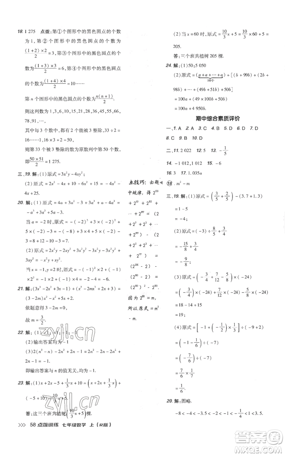 吉林教育出版社2022秋季點(diǎn)撥訓(xùn)練七年級上冊數(shù)學(xué)人教版參考答案