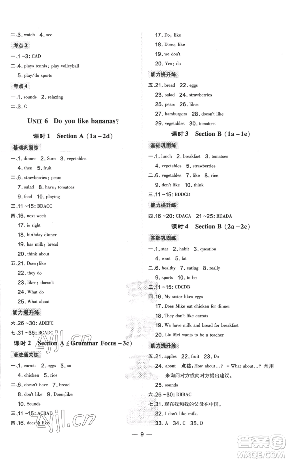 吉林教育出版社2022秋季點撥訓(xùn)練七年級上冊英語人教版參考答案