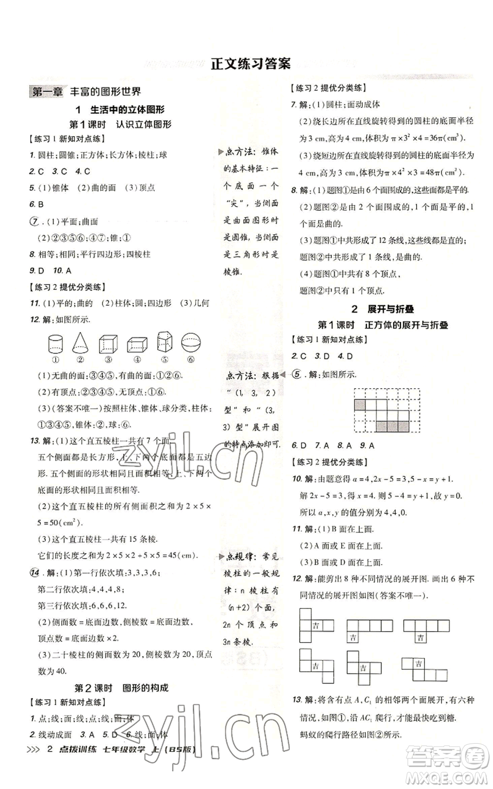 安徽教育出版社2022秋季點撥訓練七年級上冊數(shù)學北師大版參考答案