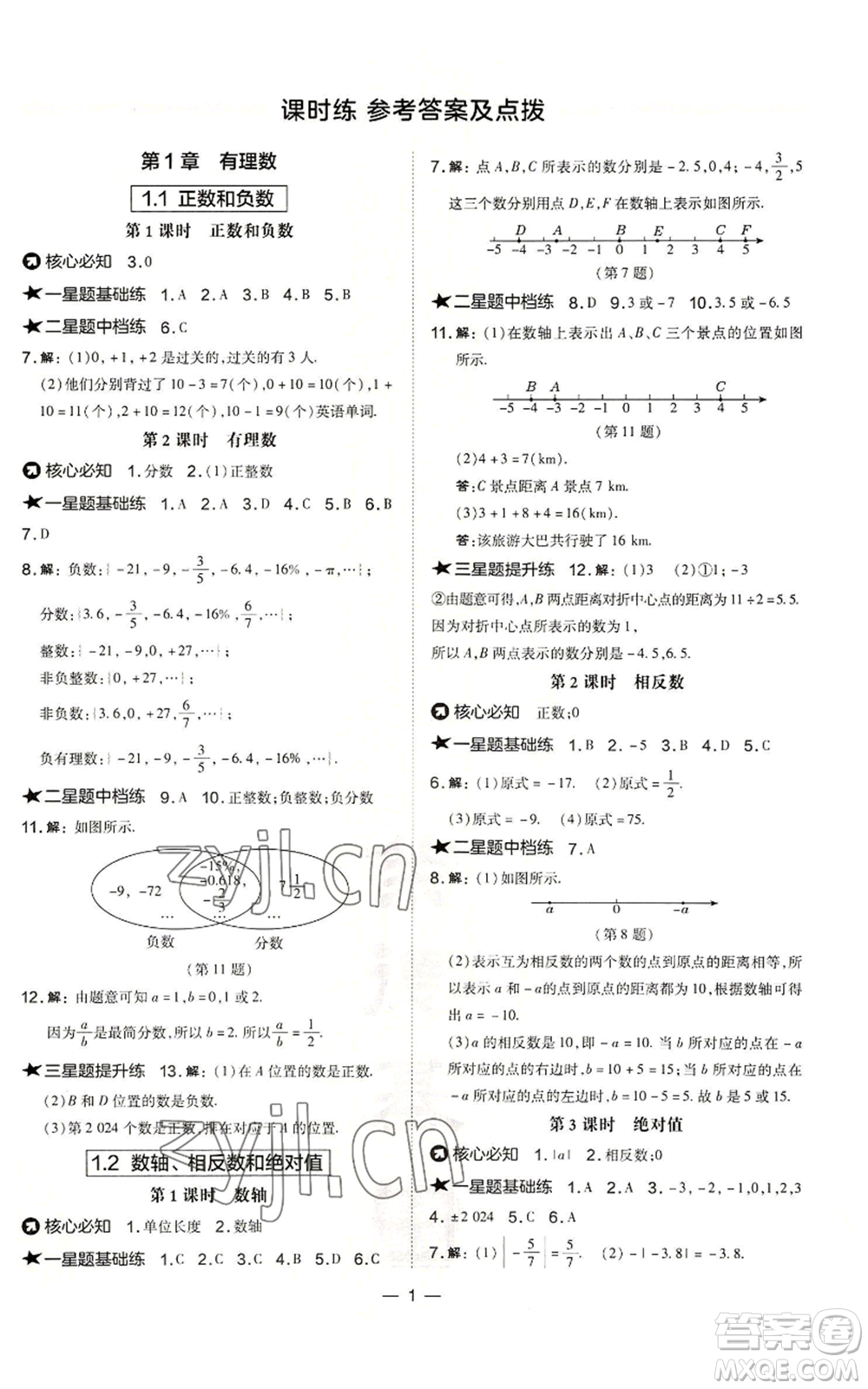 山西教育出版社2022秋季點(diǎn)撥訓(xùn)練七年級(jí)上冊(cè)數(shù)學(xué)滬科版安徽專用參考答案