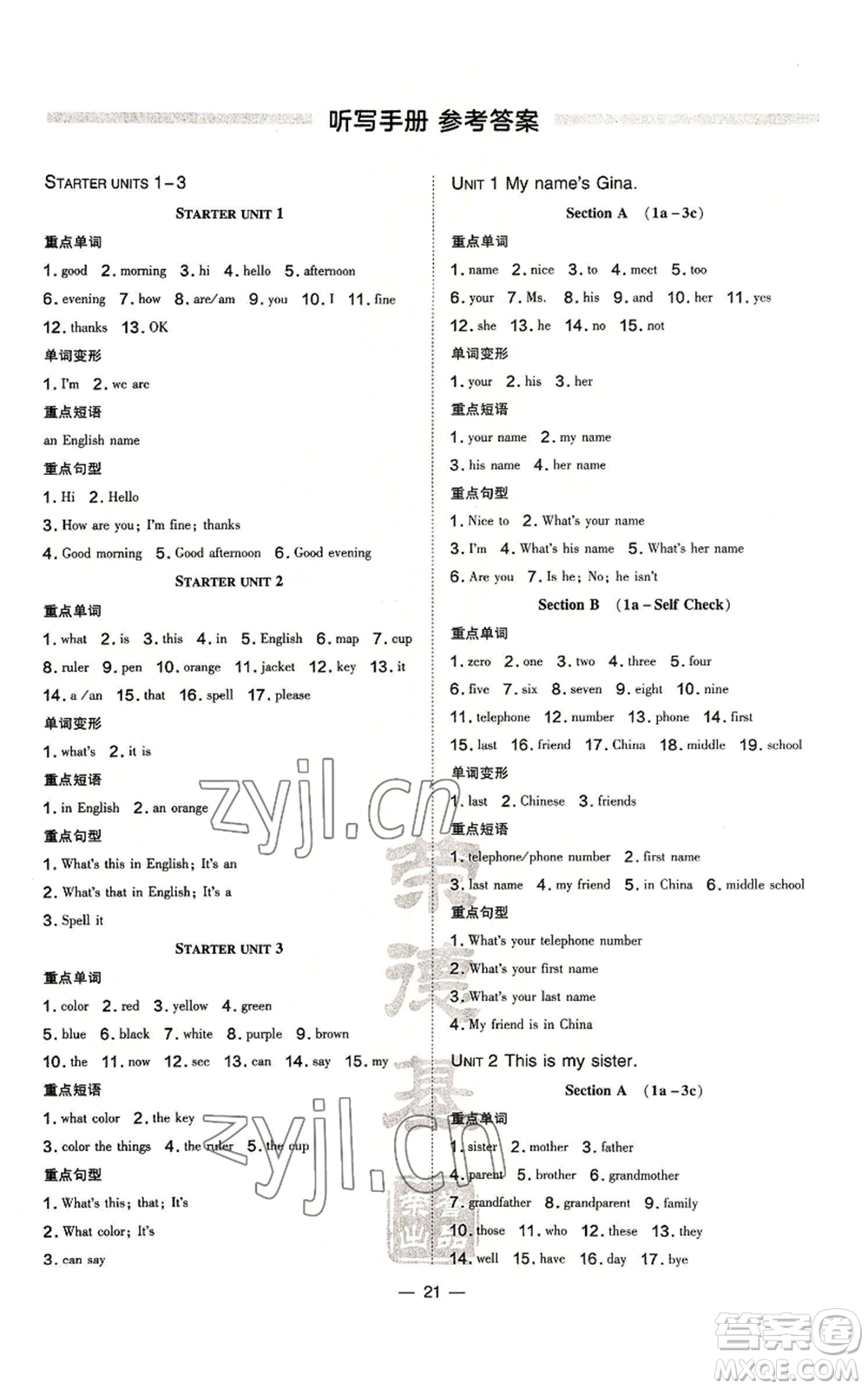 安徽教育出版社2022秋季點(diǎn)撥訓(xùn)練七年級(jí)上冊(cè)英語人教版河南專版參考答案