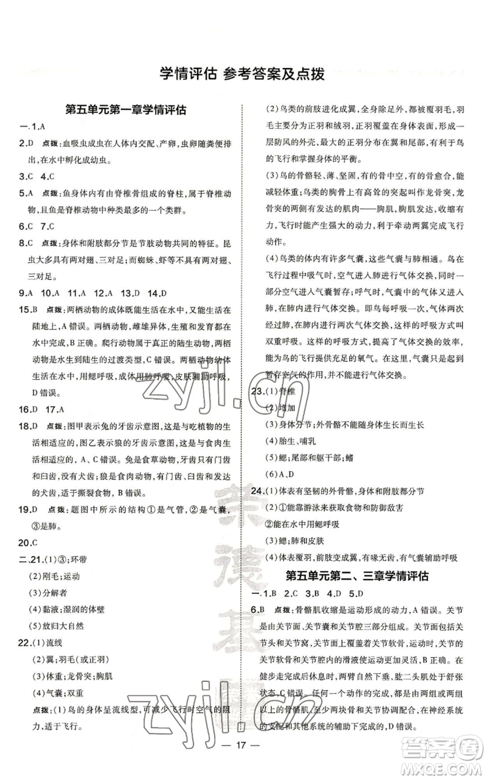吉林教育出版社2022秋季點(diǎn)撥訓(xùn)練八年級(jí)上冊(cè)生物人教版參考答案