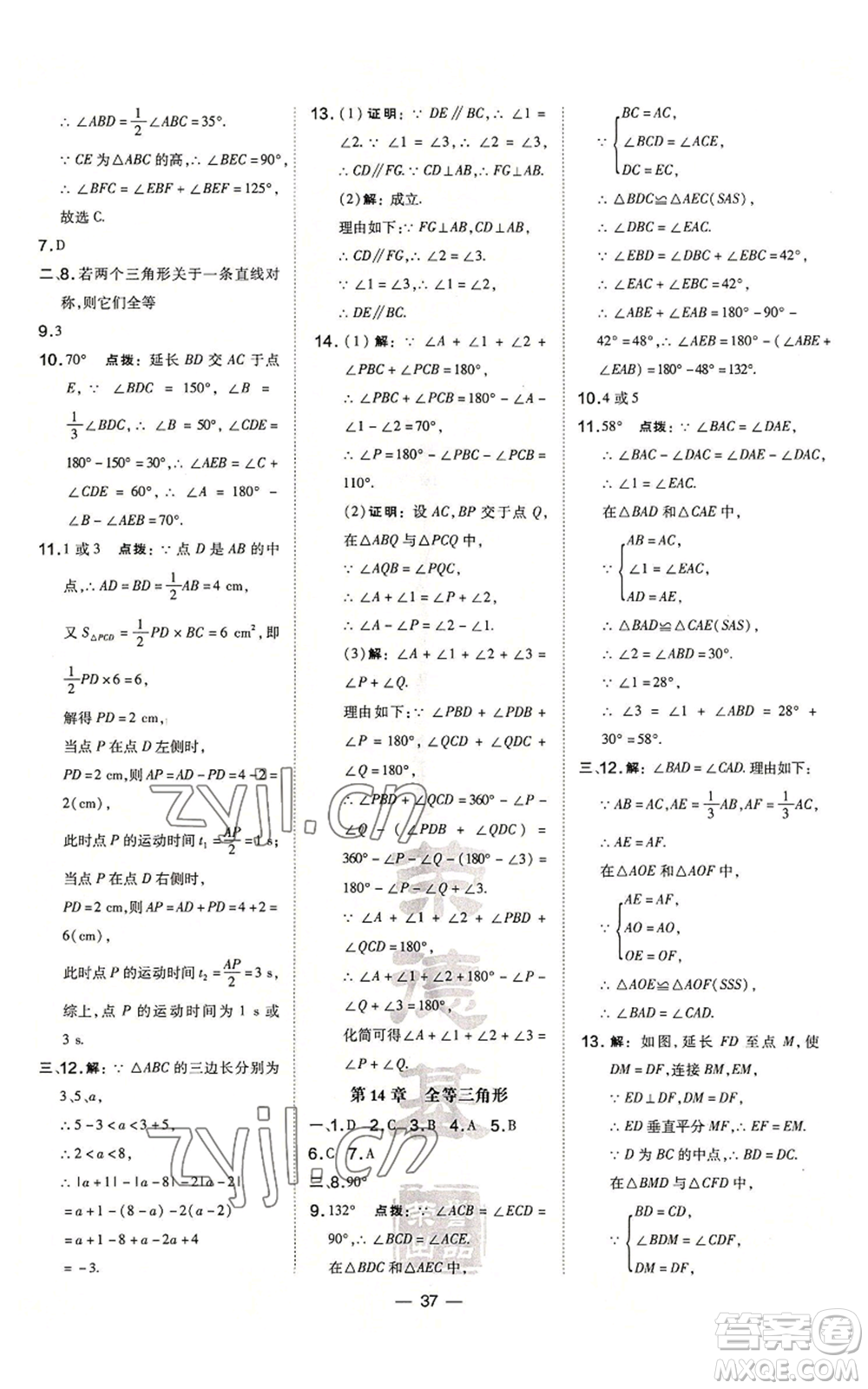 山西教育出版社2022秋季點撥訓練八年級上冊數(shù)學滬科版安徽專用參考答案