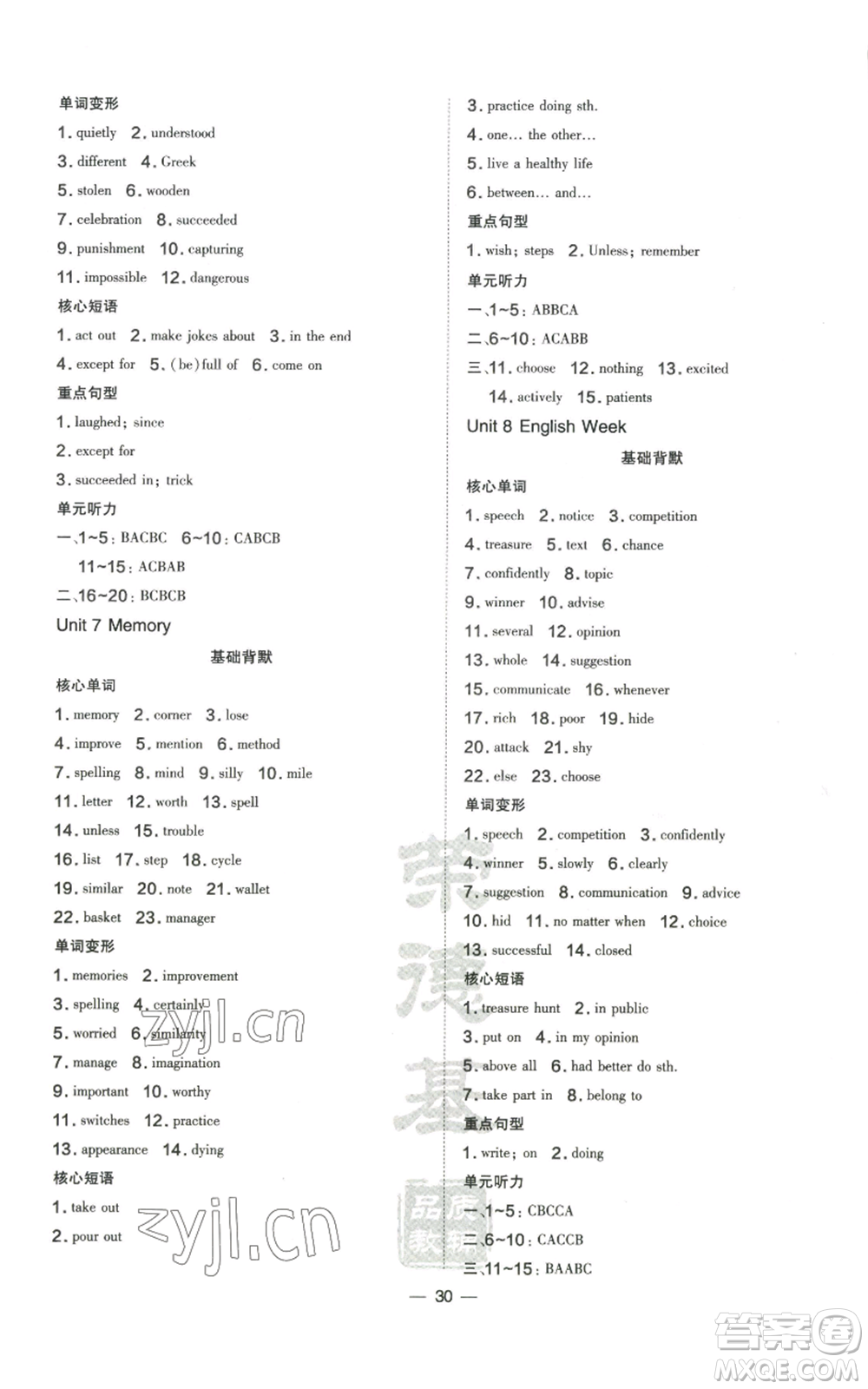 山西教育出版社2022秋季點撥訓(xùn)練八年級上冊英語滬教版參考答案
