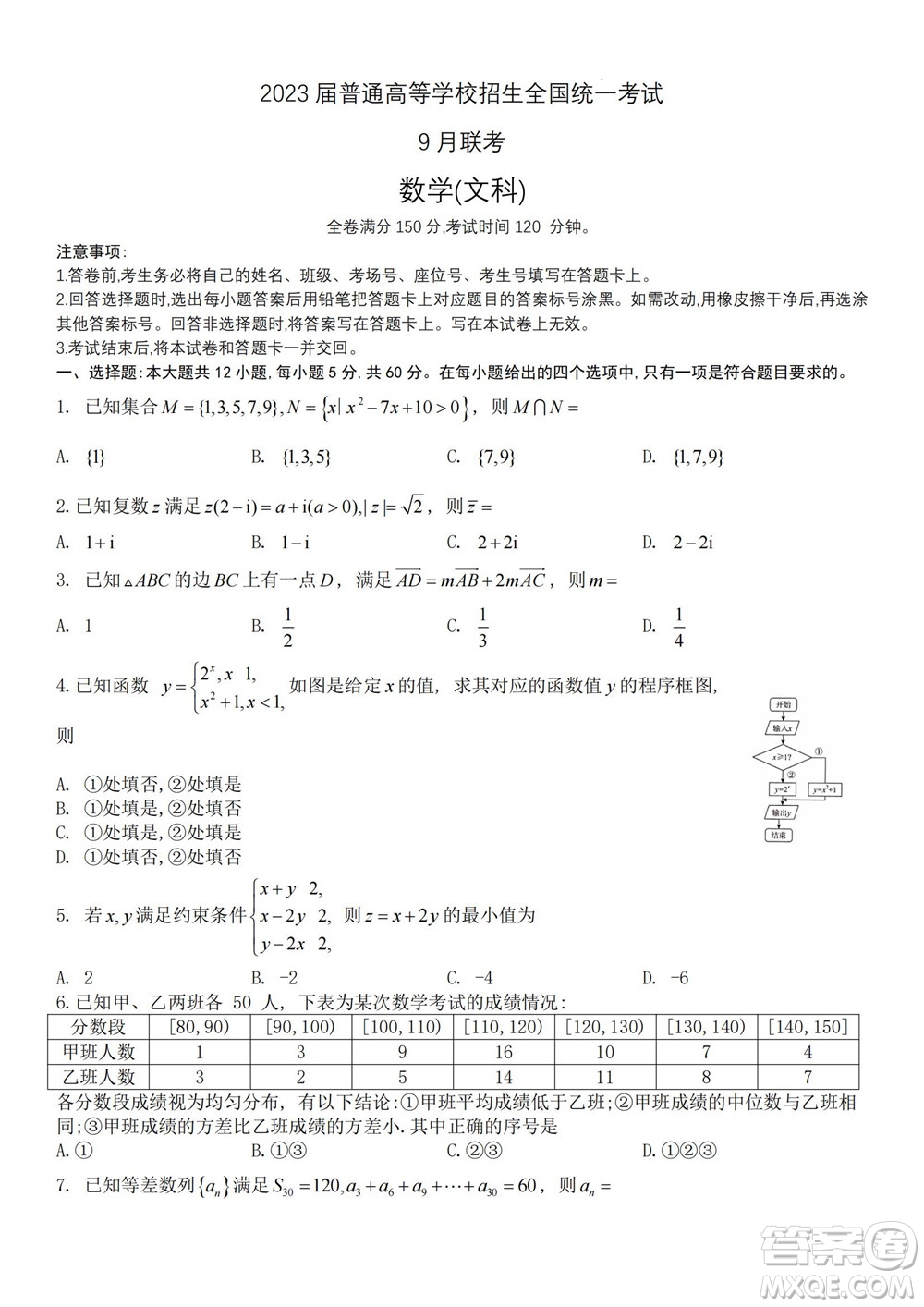 2023屆普通高等學(xué)校招生全國統(tǒng)一考試青桐鳴9月聯(lián)考文科數(shù)學(xué)試題及答案
