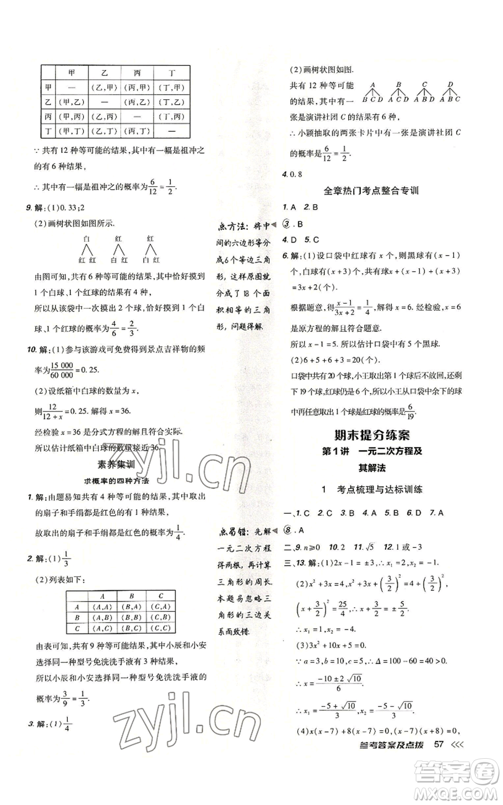 吉林教育出版社2022秋季點撥訓(xùn)練九年級上冊數(shù)學(xué)人教版參考答案