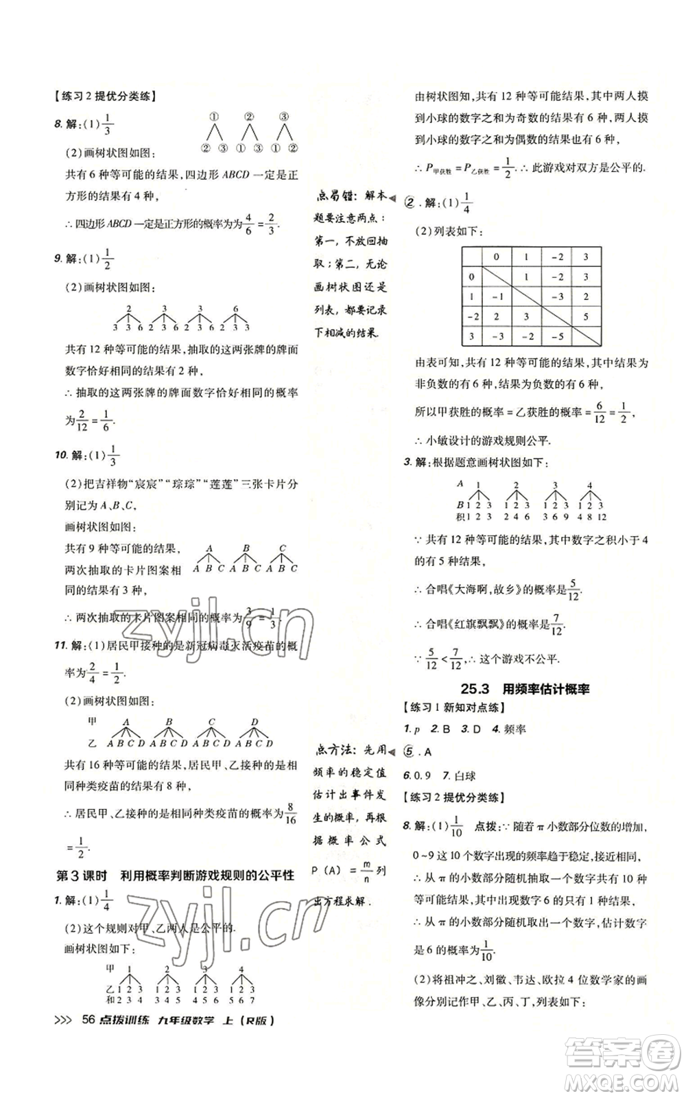 吉林教育出版社2022秋季點撥訓(xùn)練九年級上冊數(shù)學(xué)人教版參考答案