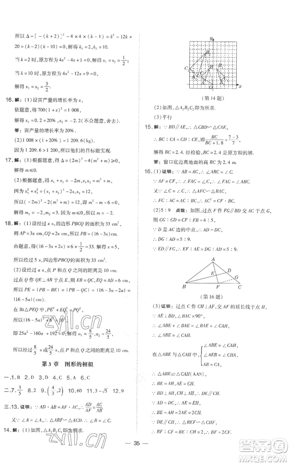 山西教育出版社2022秋季點撥訓練九年級上冊數(shù)學湘教版參考答案