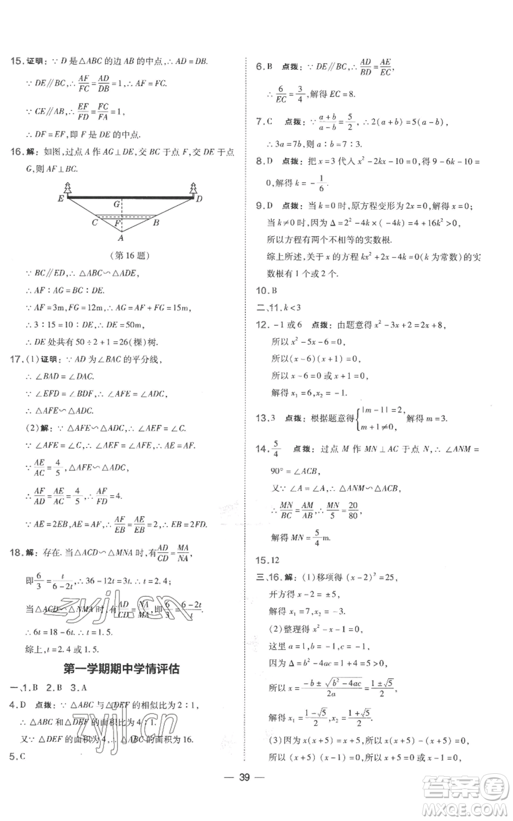 山西教育出版社2022秋季點撥訓練九年級上冊數(shù)學湘教版參考答案