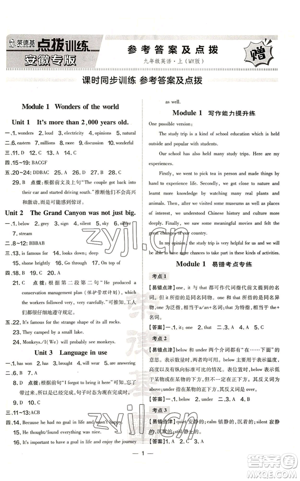 安徽教育出版社2022秋季點(diǎn)撥訓(xùn)練九年級(jí)上冊(cè)英語(yǔ)外研版安徽專(zhuān)版參考答案