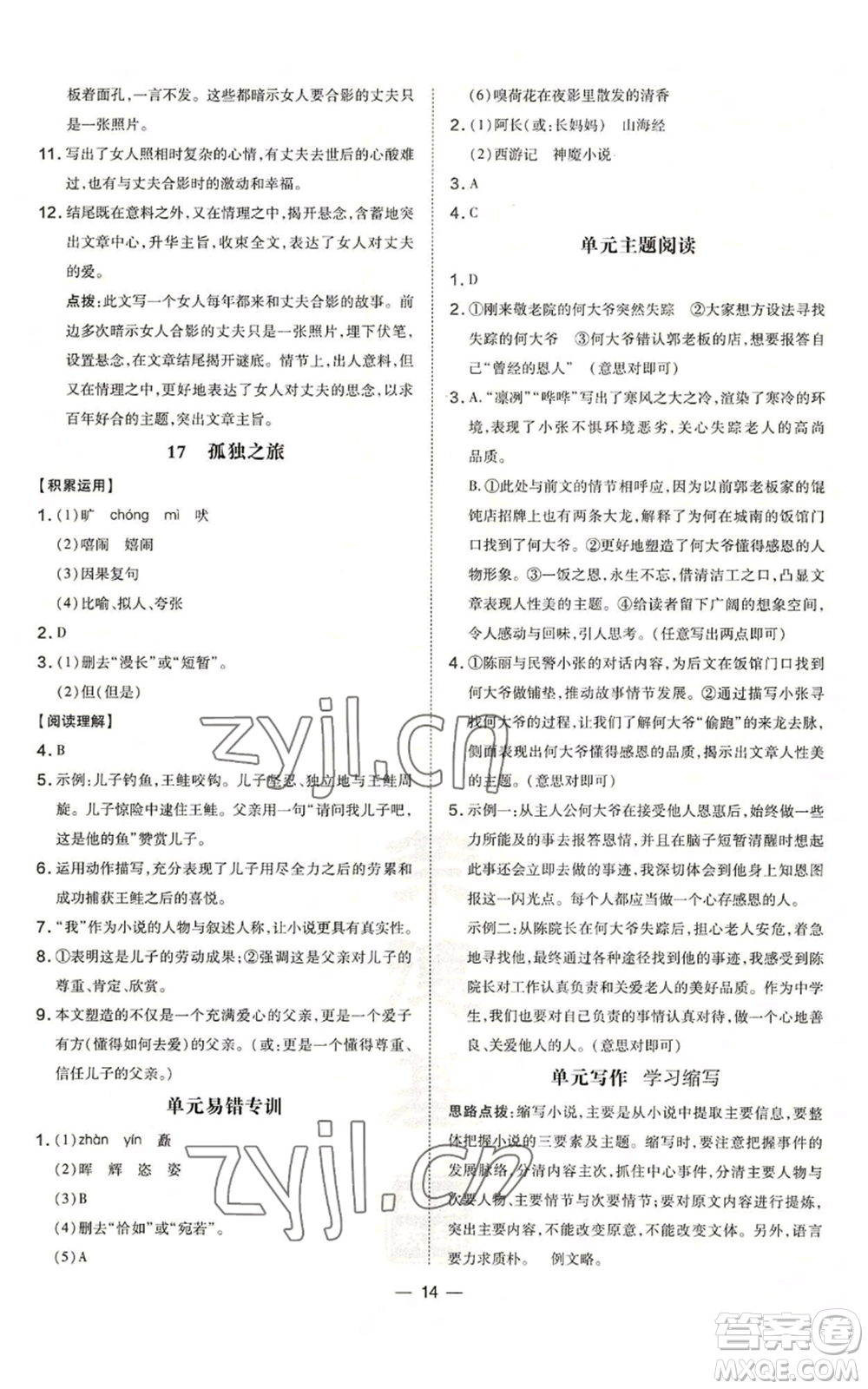 安徽教育出版社2022秋季點撥訓(xùn)練九年級上冊語文人教版安徽專版參考答案