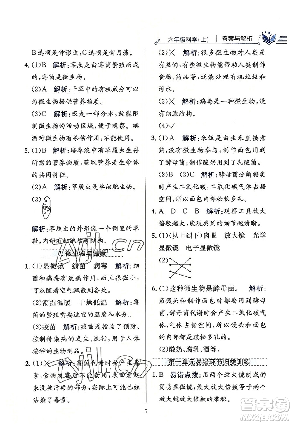 陜西人民教育出版社2022小學教材全練六年級科學上冊教育科學版答案