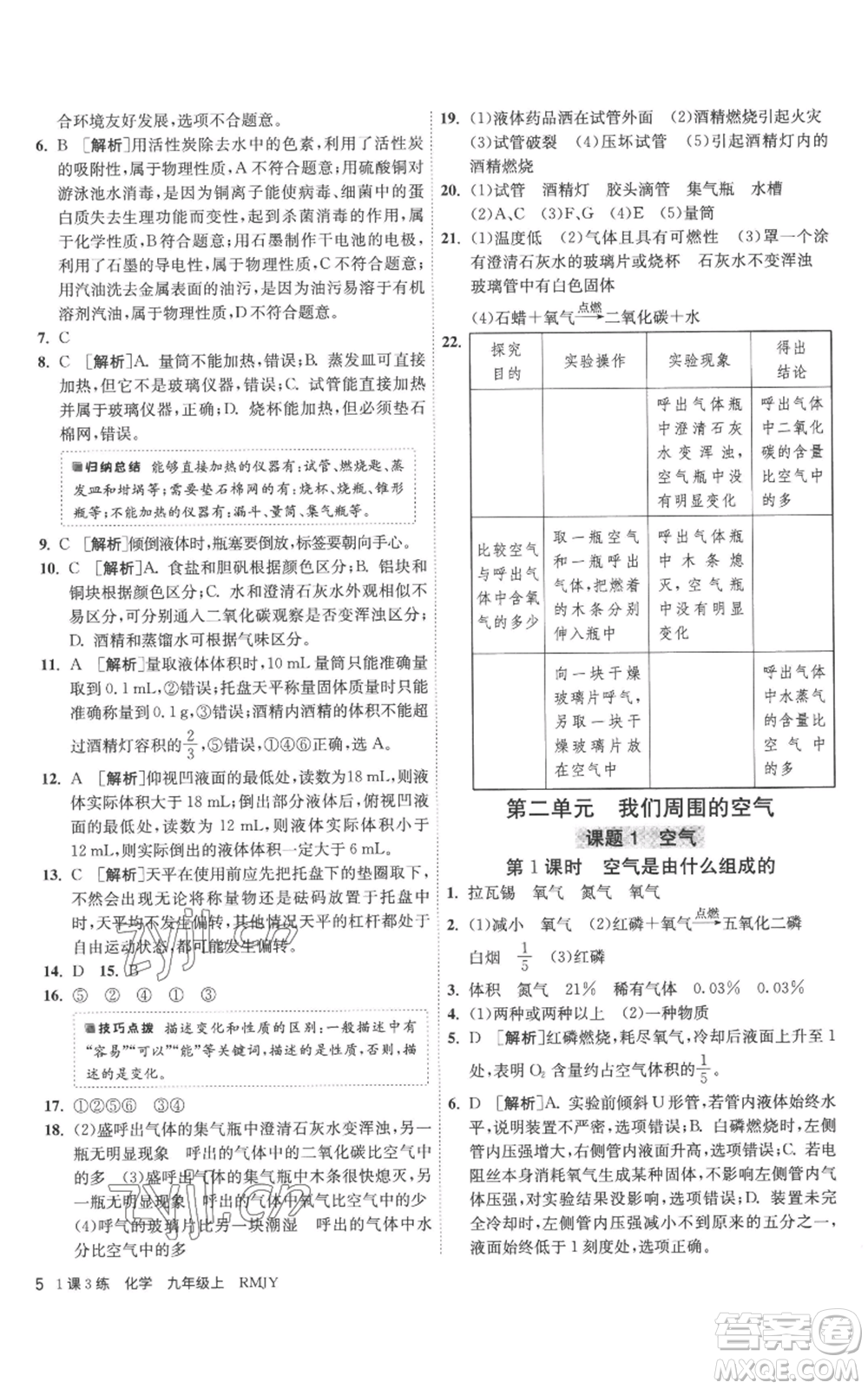 江蘇人民出版社2022秋季1課3練單元達標測試九年級上冊化學人教版參考答案
