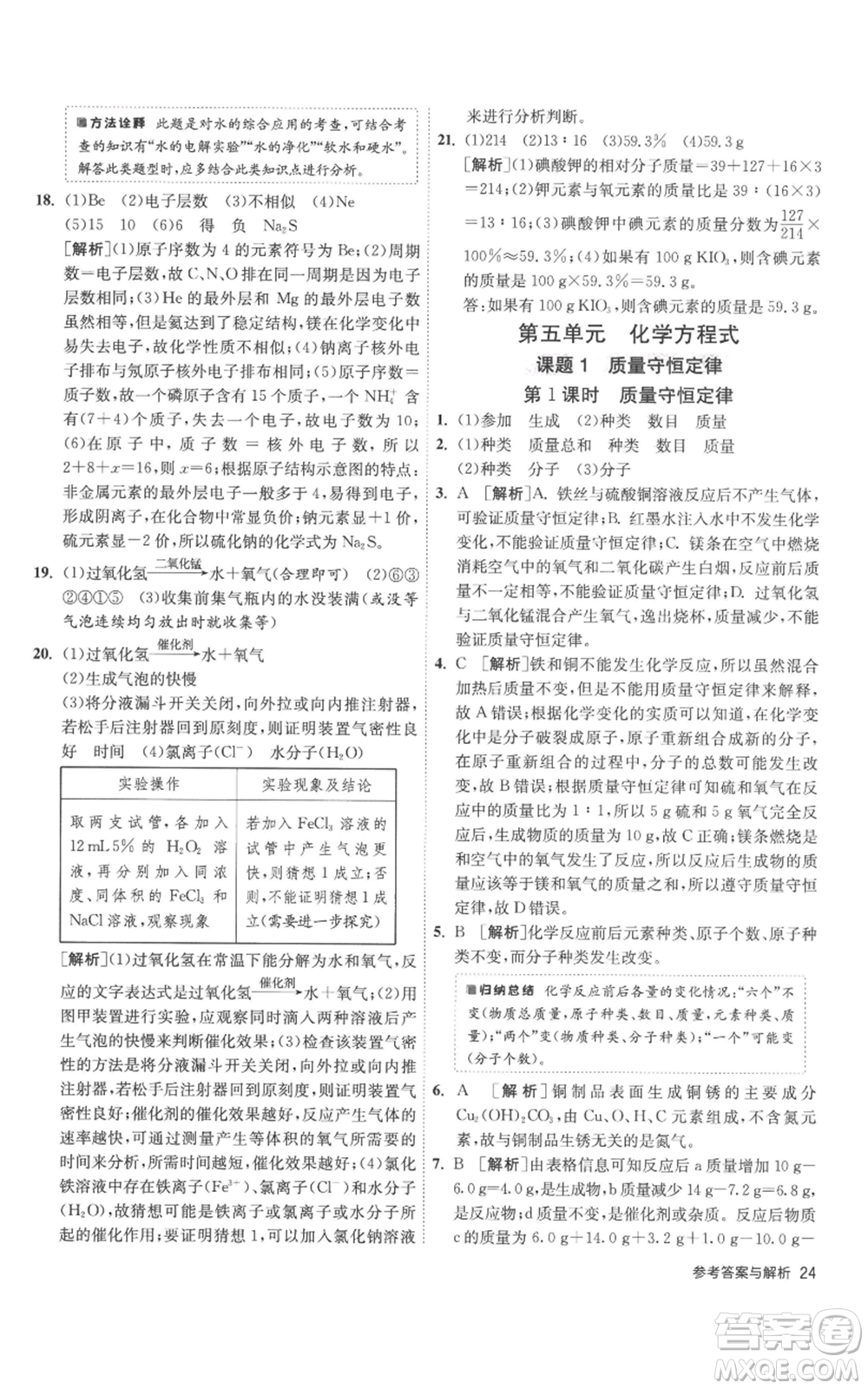 江蘇人民出版社2022秋季1課3練單元達標測試九年級上冊化學人教版參考答案