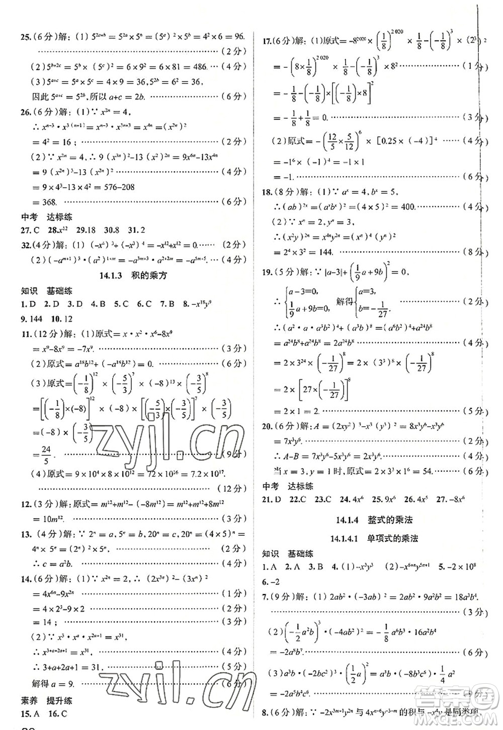陜西人民教育出版社2022中學教材全練八年級數學上冊RJ人教版天津專用答案
