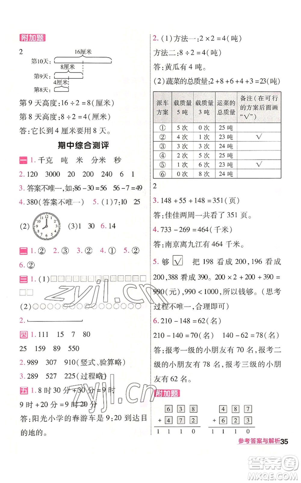南京師范大學(xué)出版社2022秋季一遍過(guò)三年級(jí)上冊(cè)數(shù)學(xué)人教版參考答案