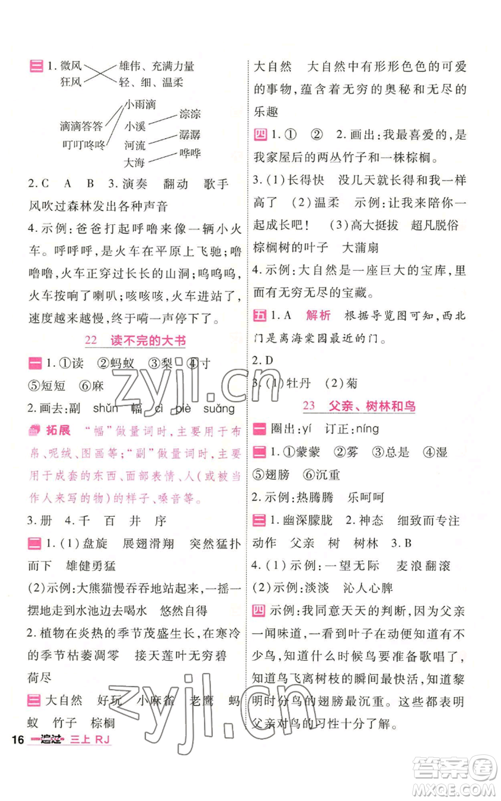 南京師范大學出版社2022秋季一遍過三年級上冊語文人教版參考答案