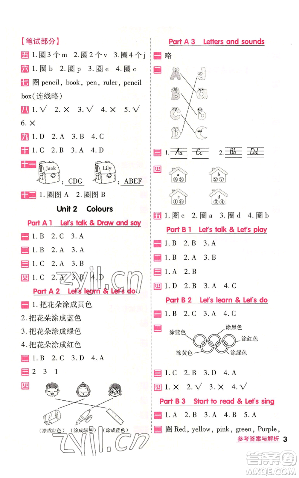 南京師范大學(xué)出版社2022秋季一遍過三年級(jí)上冊(cè)英語人教版參考答案