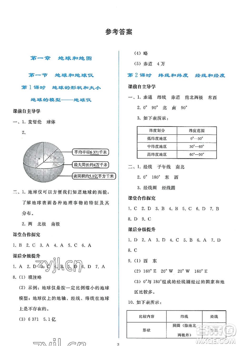 人民教育出版社2022同步輕松練習七年級地理上冊人教版答案
