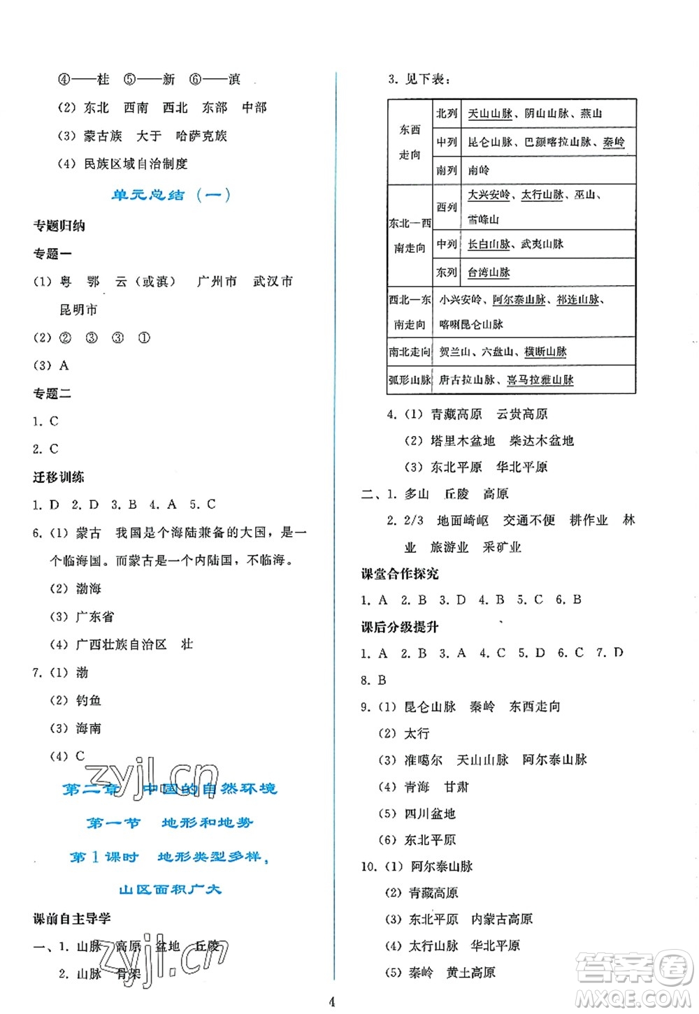 人民教育出版社2022同步輕松練習(xí)八年級(jí)地理上冊(cè)人教版答案