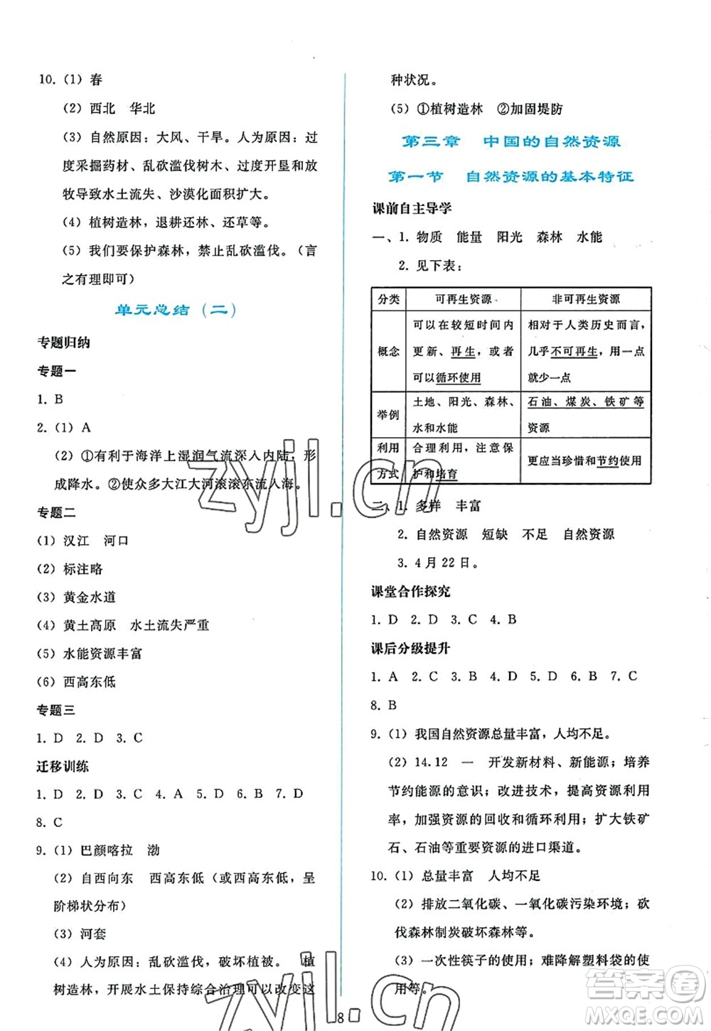 人民教育出版社2022同步輕松練習(xí)八年級(jí)地理上冊(cè)人教版答案