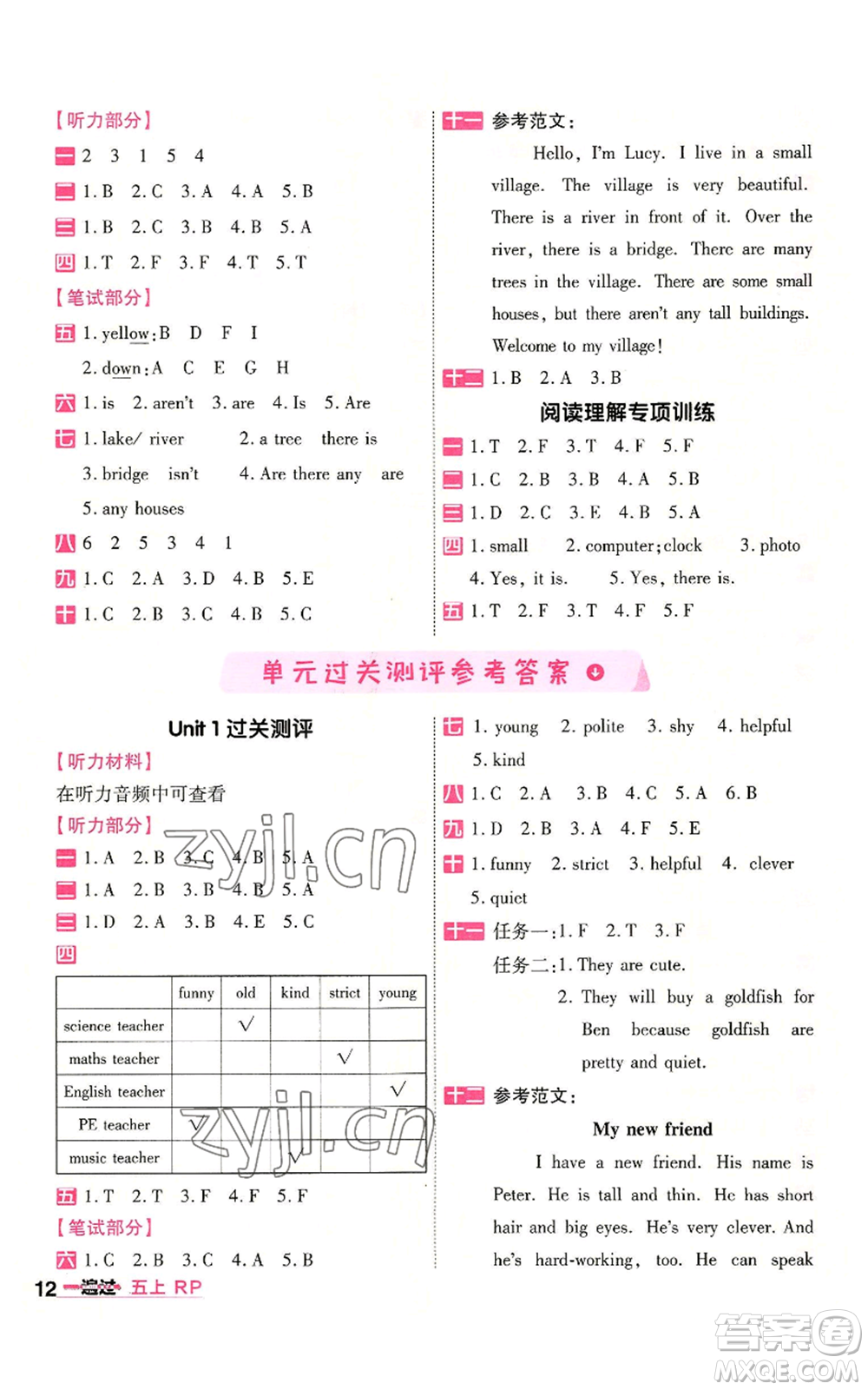 南京師范大學(xué)出版社2022秋季一遍過(guò)五年級(jí)上冊(cè)英語(yǔ)人教版參考答案