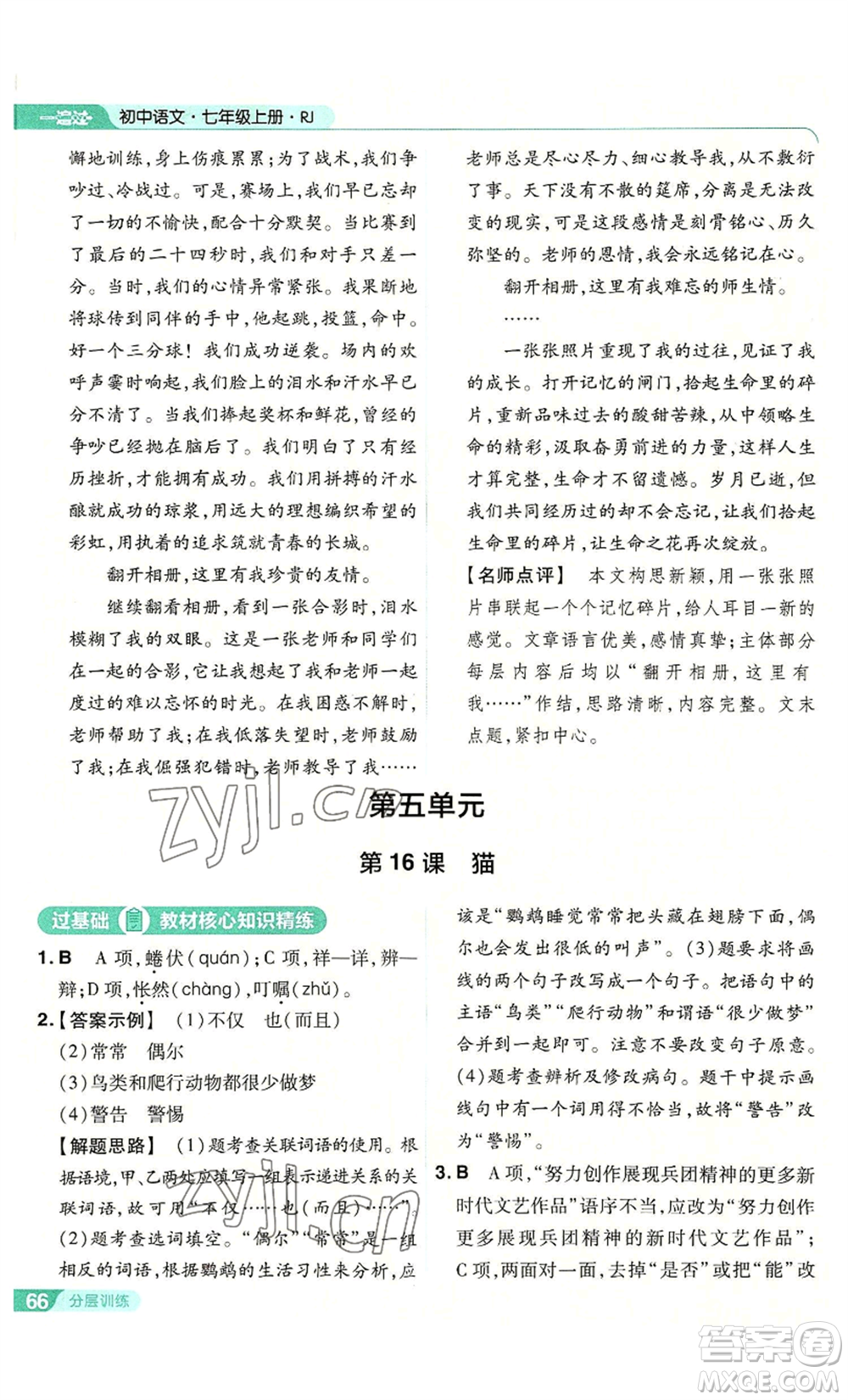 南京師范大學(xué)出版社2022秋季一遍過七年級上冊語文人教版參考答案