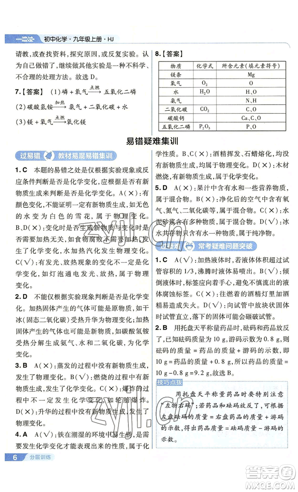 南京師范大學(xué)出版社2022秋季一遍過九年級上冊化學(xué)滬教版參考答案