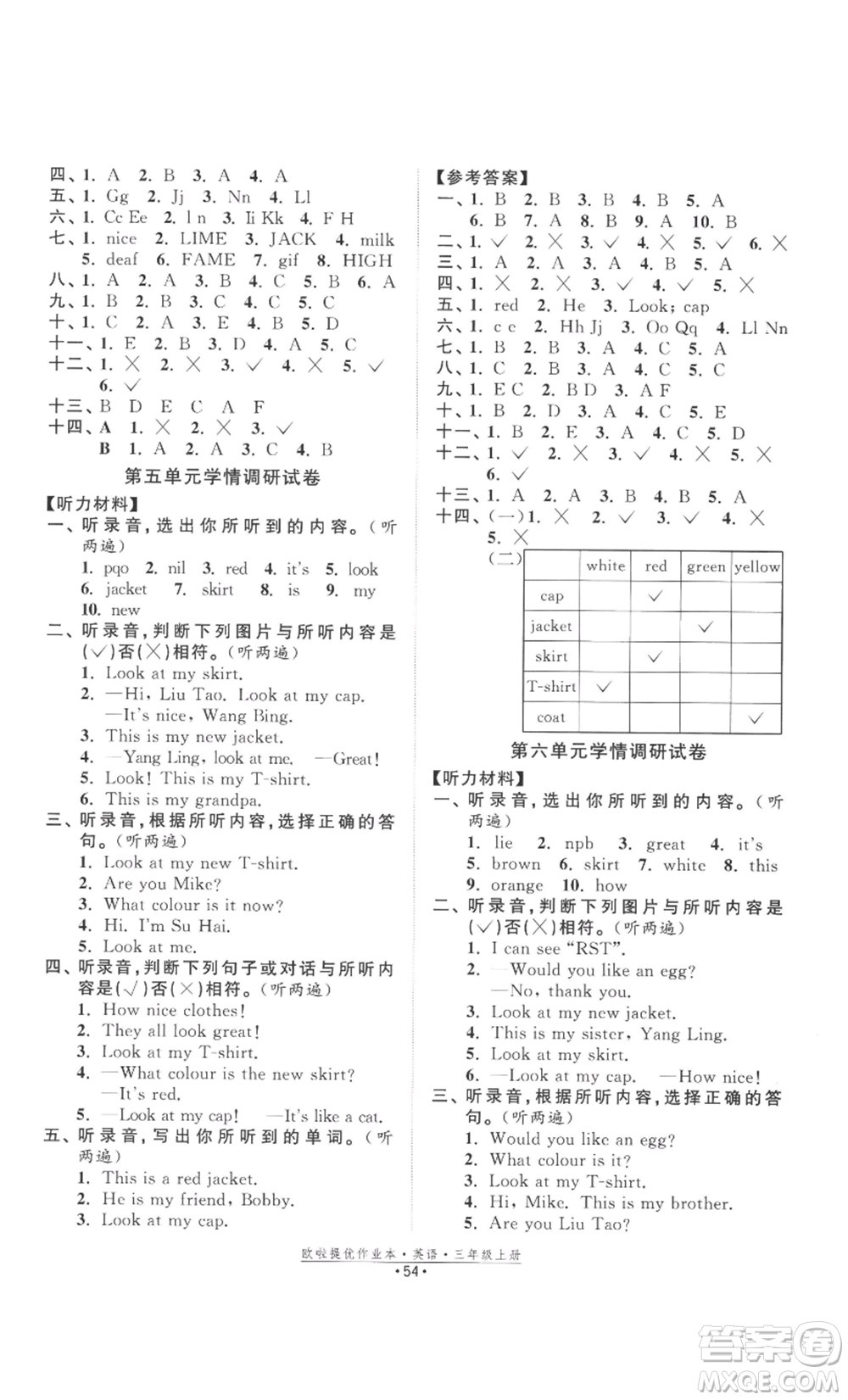 江蘇鳳凰美術(shù)出版社2022歐啦提優(yōu)作業(yè)本三年級上冊英語譯林版參考答案