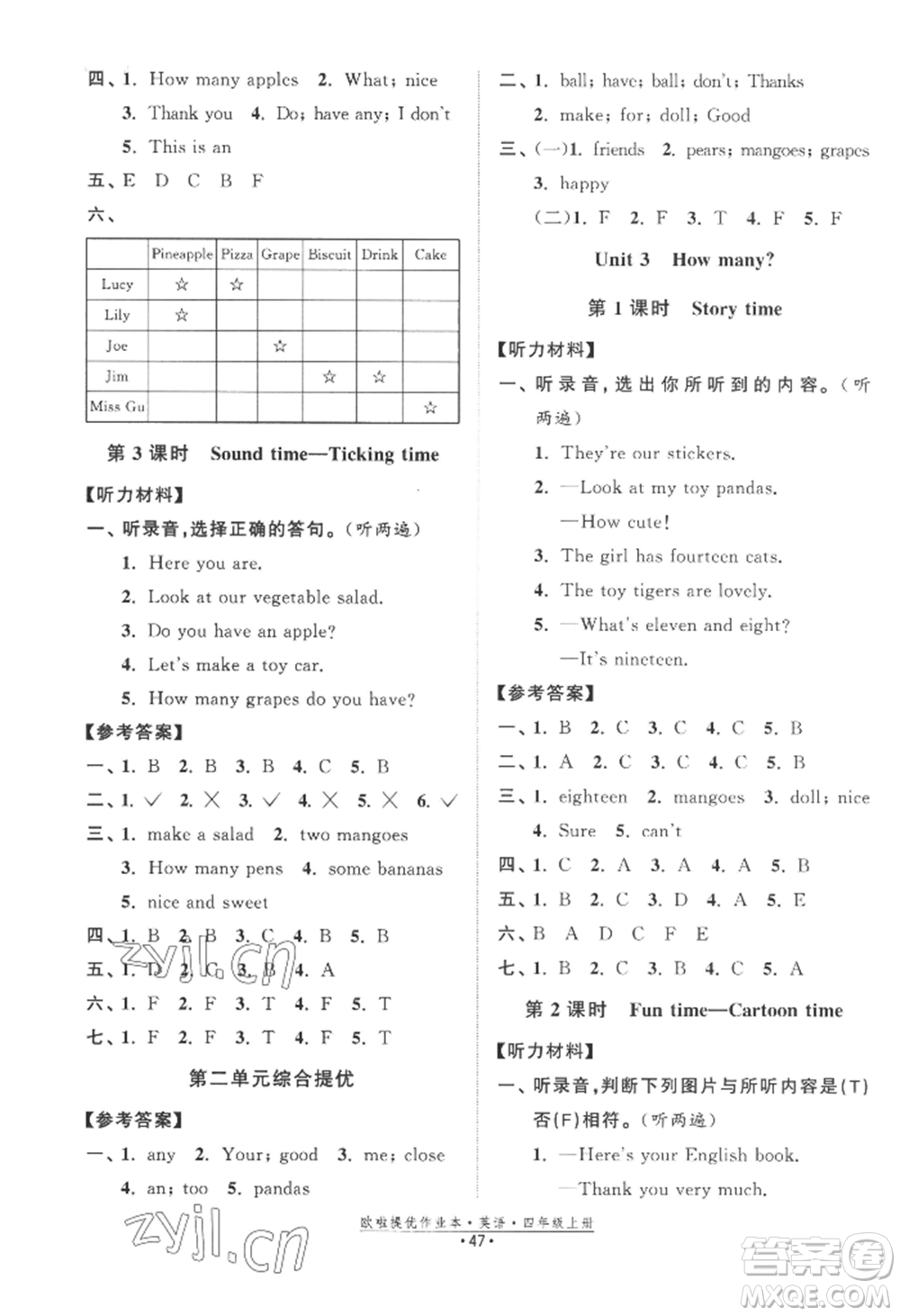 江蘇鳳凰美術(shù)出版社2022歐啦提優(yōu)作業(yè)本四年級(jí)上冊(cè)英語(yǔ)譯林版參考答案
