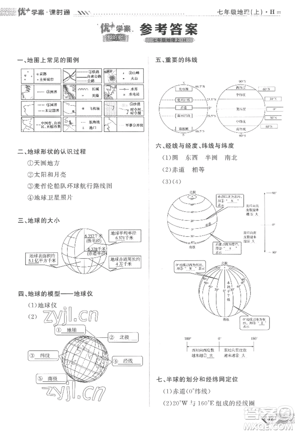 吉林教育出版社2022秋季優(yōu)+學(xué)案課時(shí)通七年級(jí)上冊(cè)地理H版參考答案