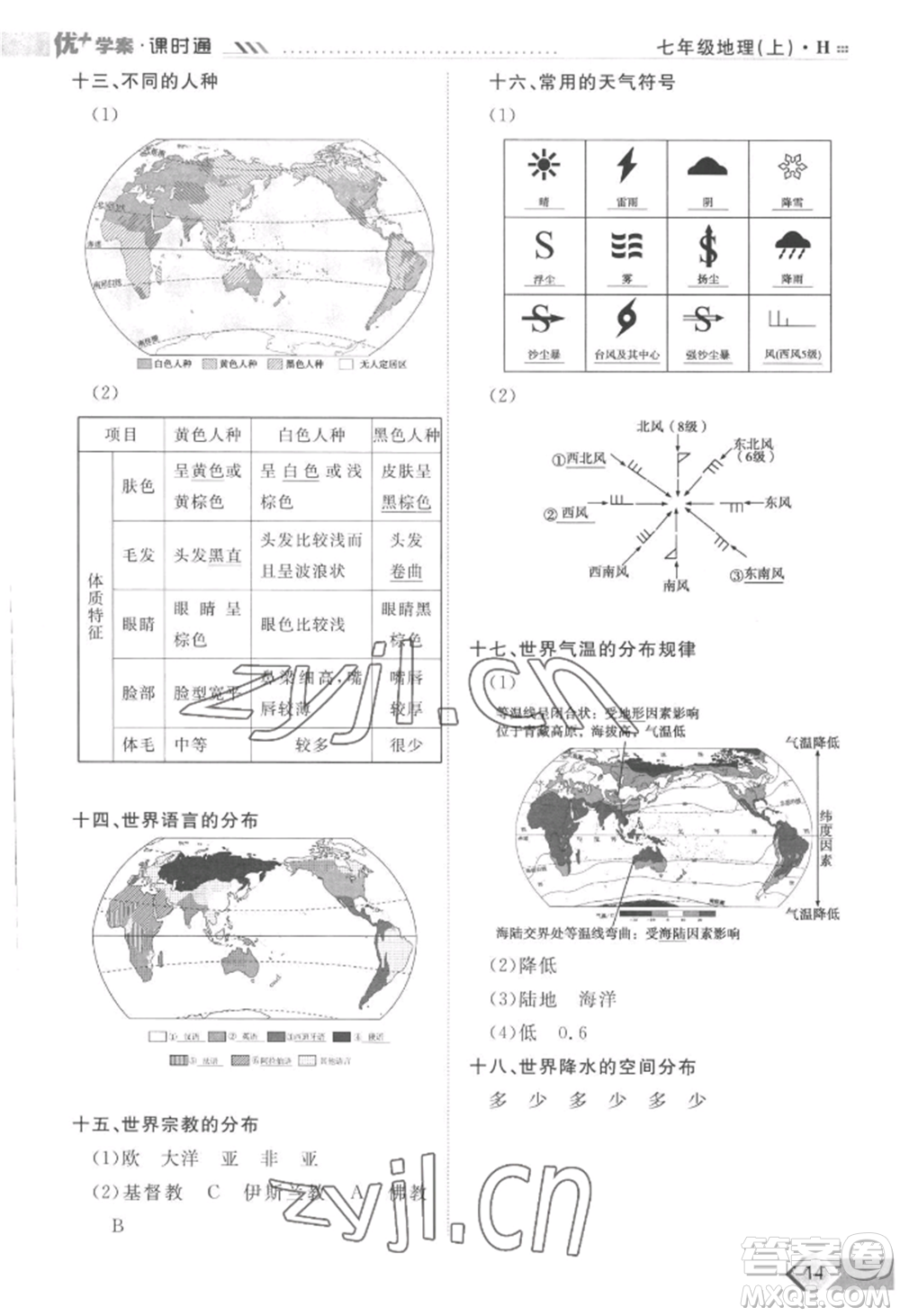 吉林教育出版社2022秋季優(yōu)+學(xué)案課時(shí)通七年級(jí)上冊(cè)地理H版參考答案