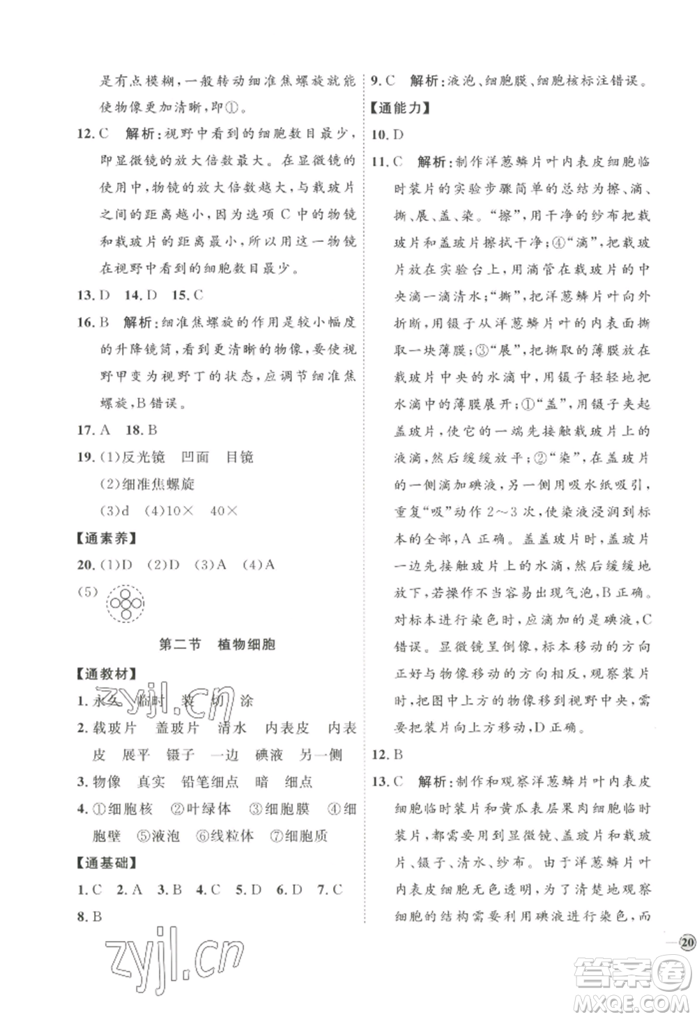 吉林教育出版社2022秋季優(yōu)+學案課時通七年級上冊生物P版參考答案